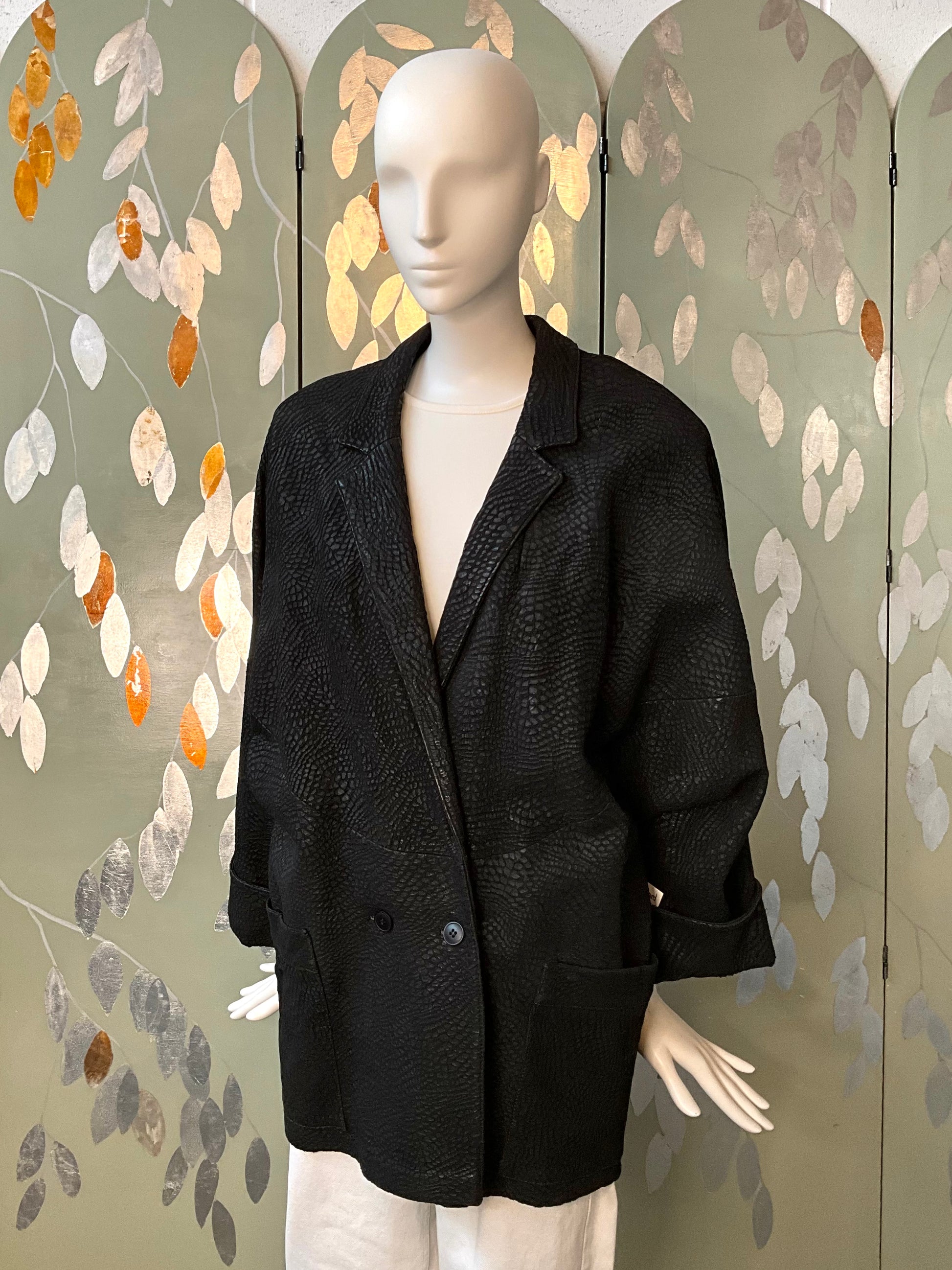 Vintage 1980s Black Leather Batwing Double Breast Oversize Jacket, XL