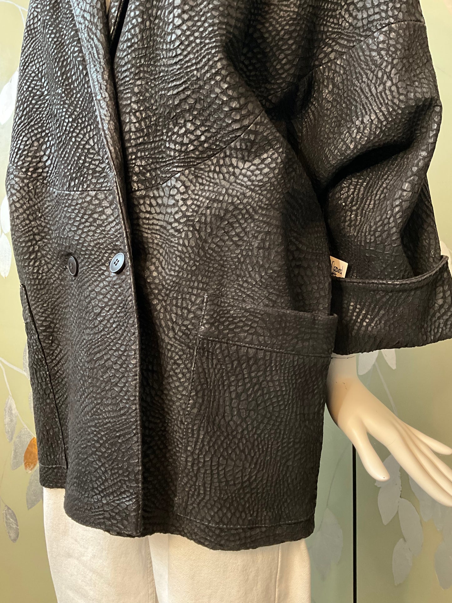 Vintage 1980s Black Leather Batwing Double Breast Oversize Jacket, XL