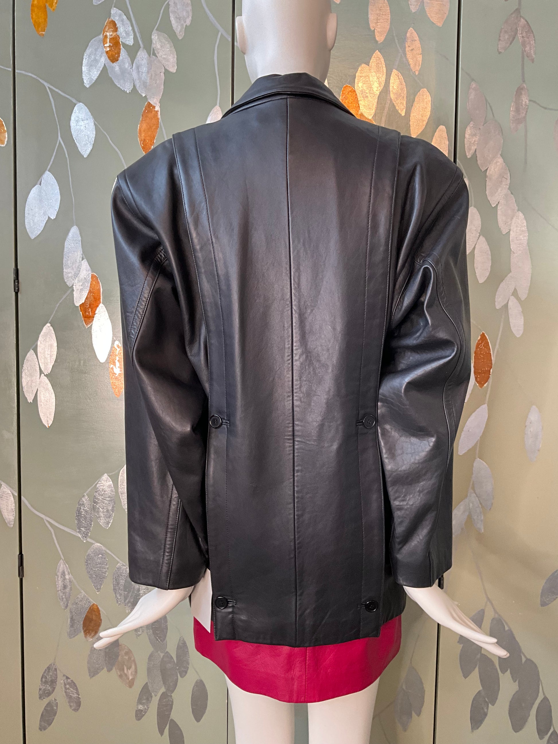 Vintage 1980s Black Leather Double Breast Blazer, Medium 