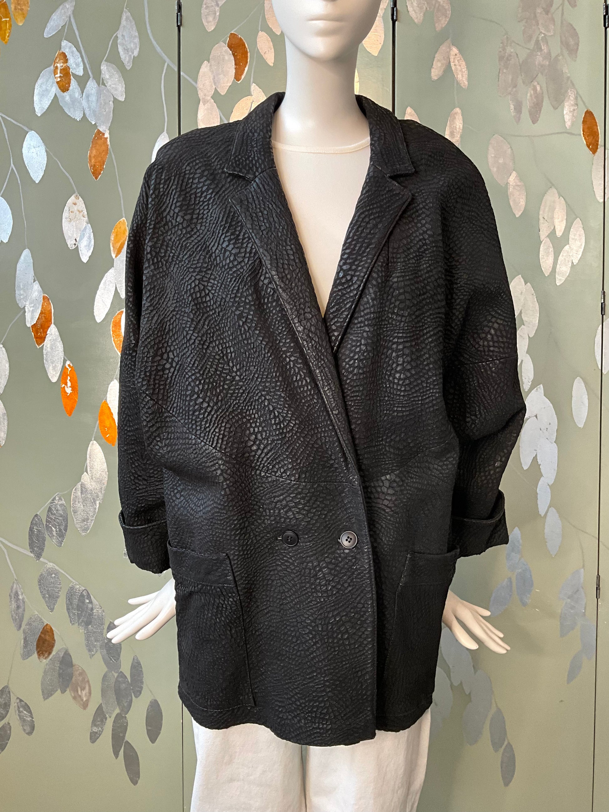 Vintage 1980s Black Leather Batwing Double Breast Oversize Jacket, XL