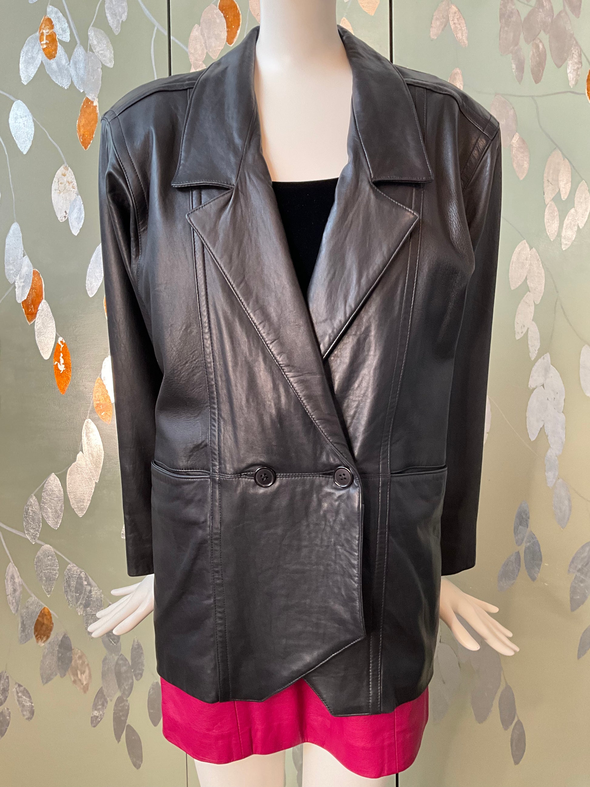 Vintage 1980s Black Leather Double Breast Blazer, Medium 