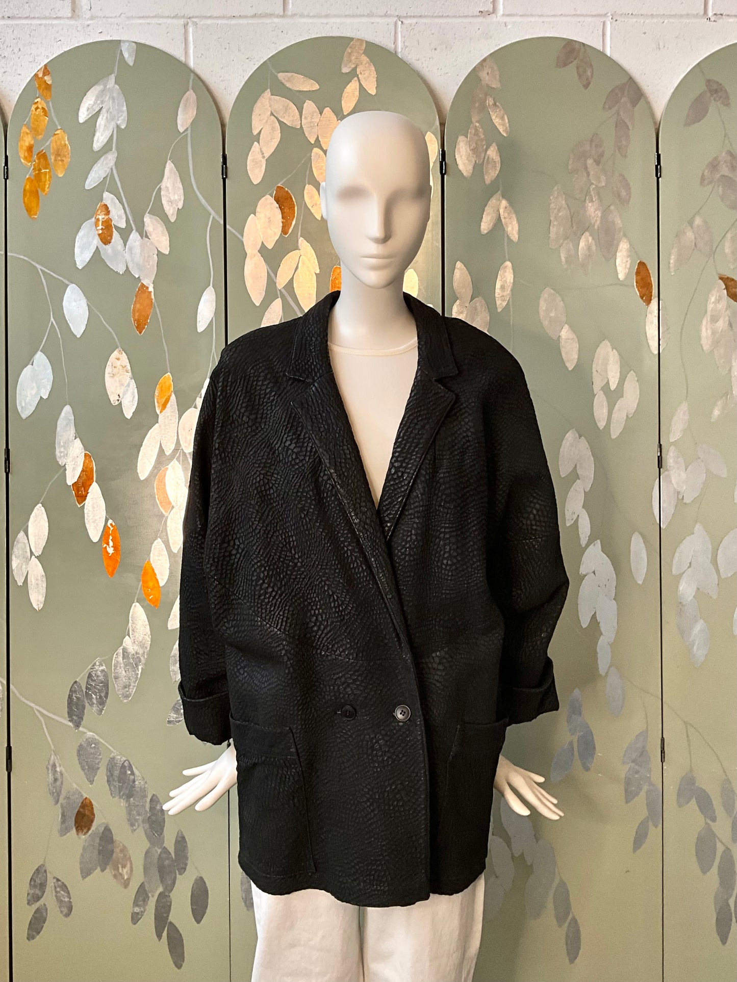 Vintage 1980s Black Leather Batwing Double Breast Oversize Jacket, XL