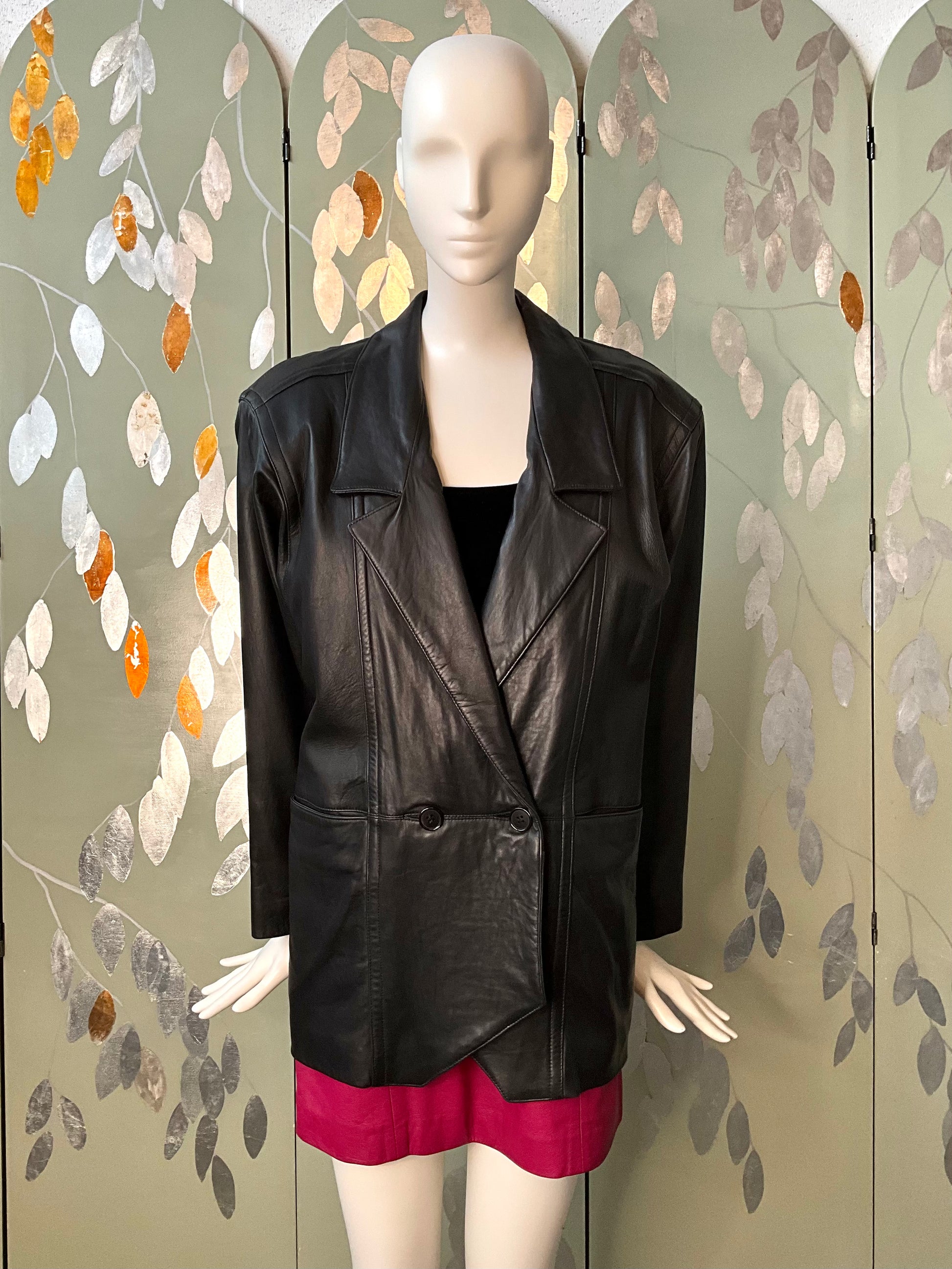 Vintage 1980s Black Leather Double Breast Blazer, Medium 
