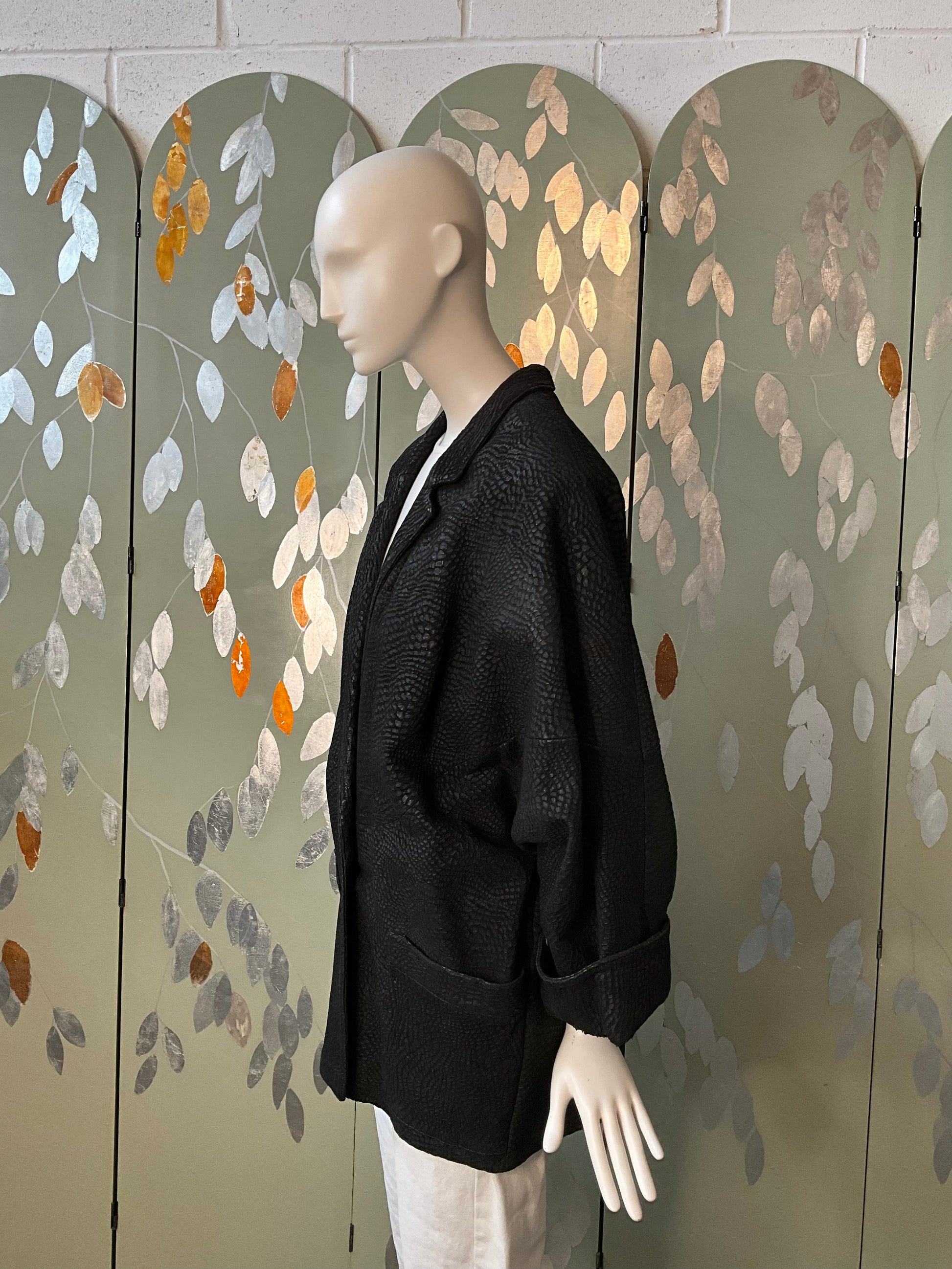 Vintage 1980s Black Leather Batwing Double Breast Oversize Jacket, XL