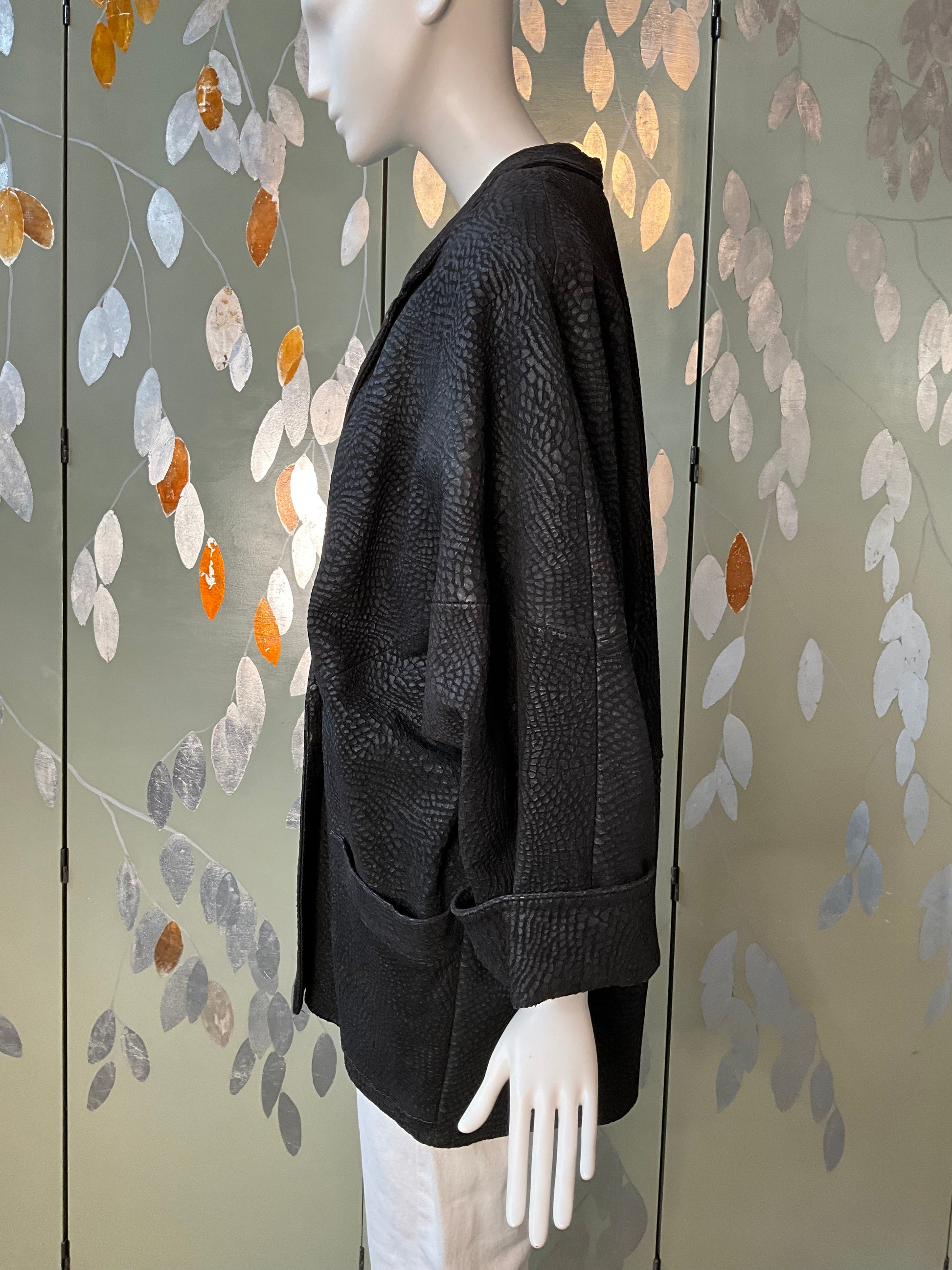 Vintage 1980s Black Leather Batwing Double Breast Oversize Jacket, XL