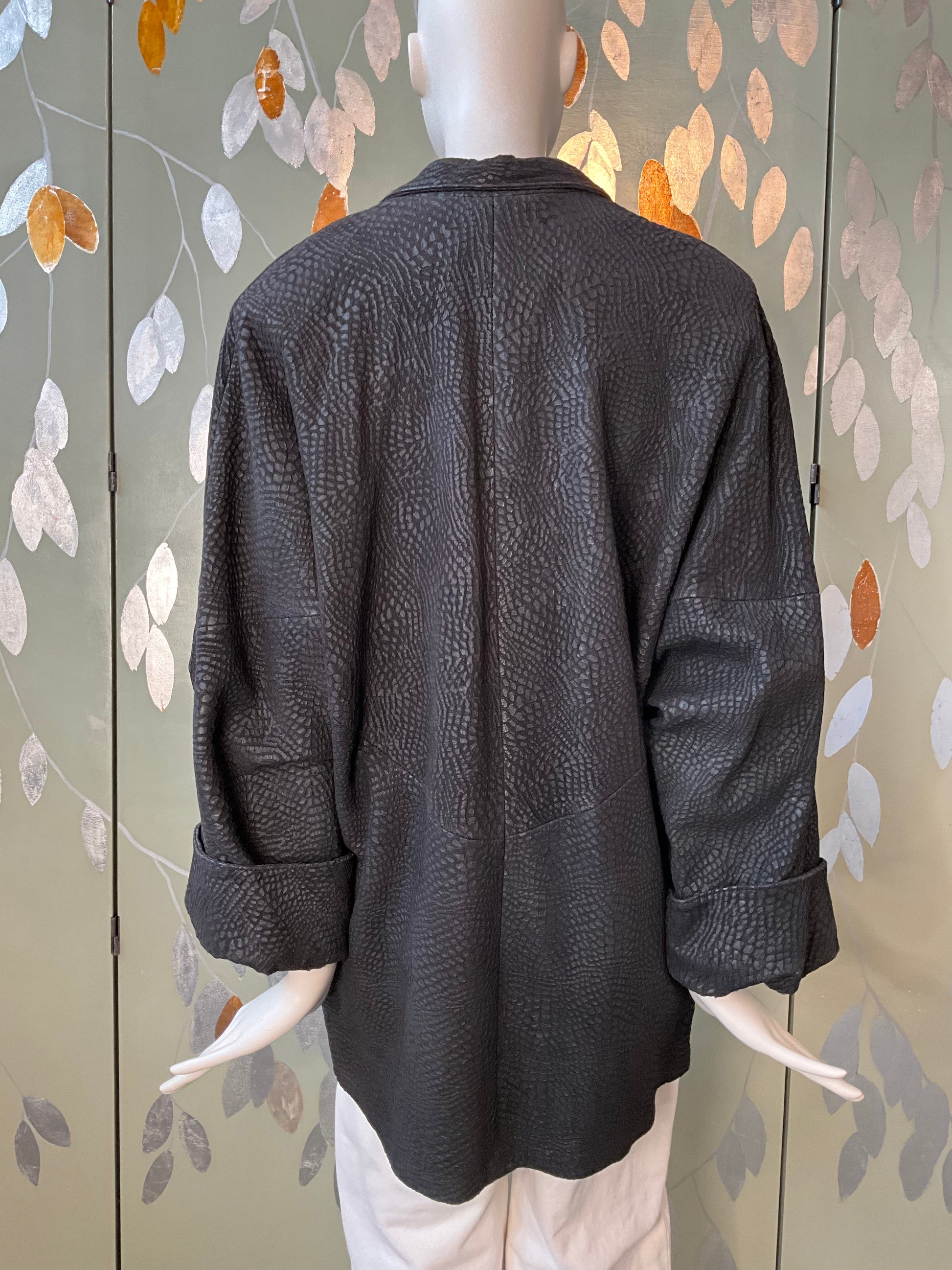 Vintage 1980s Black Leather Batwing Double Breast Oversize Jacket, XL