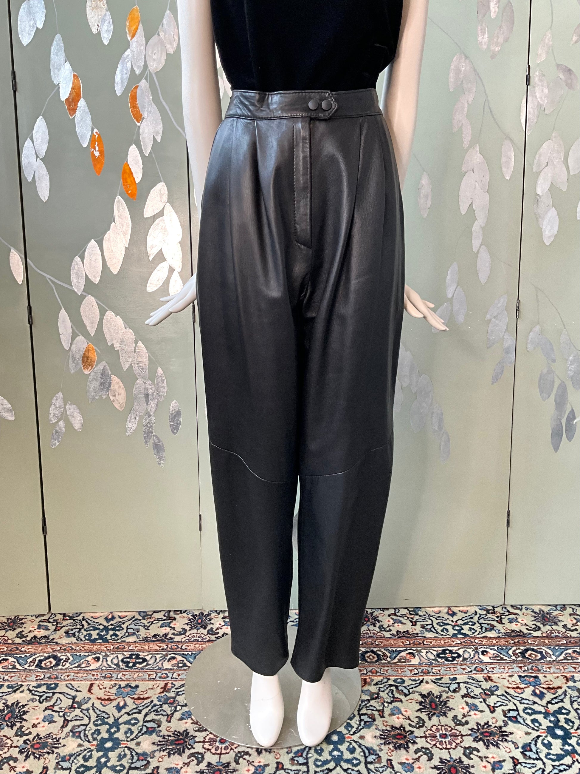 Vintage 1980s Black Leather Pleated Pants, Medium
