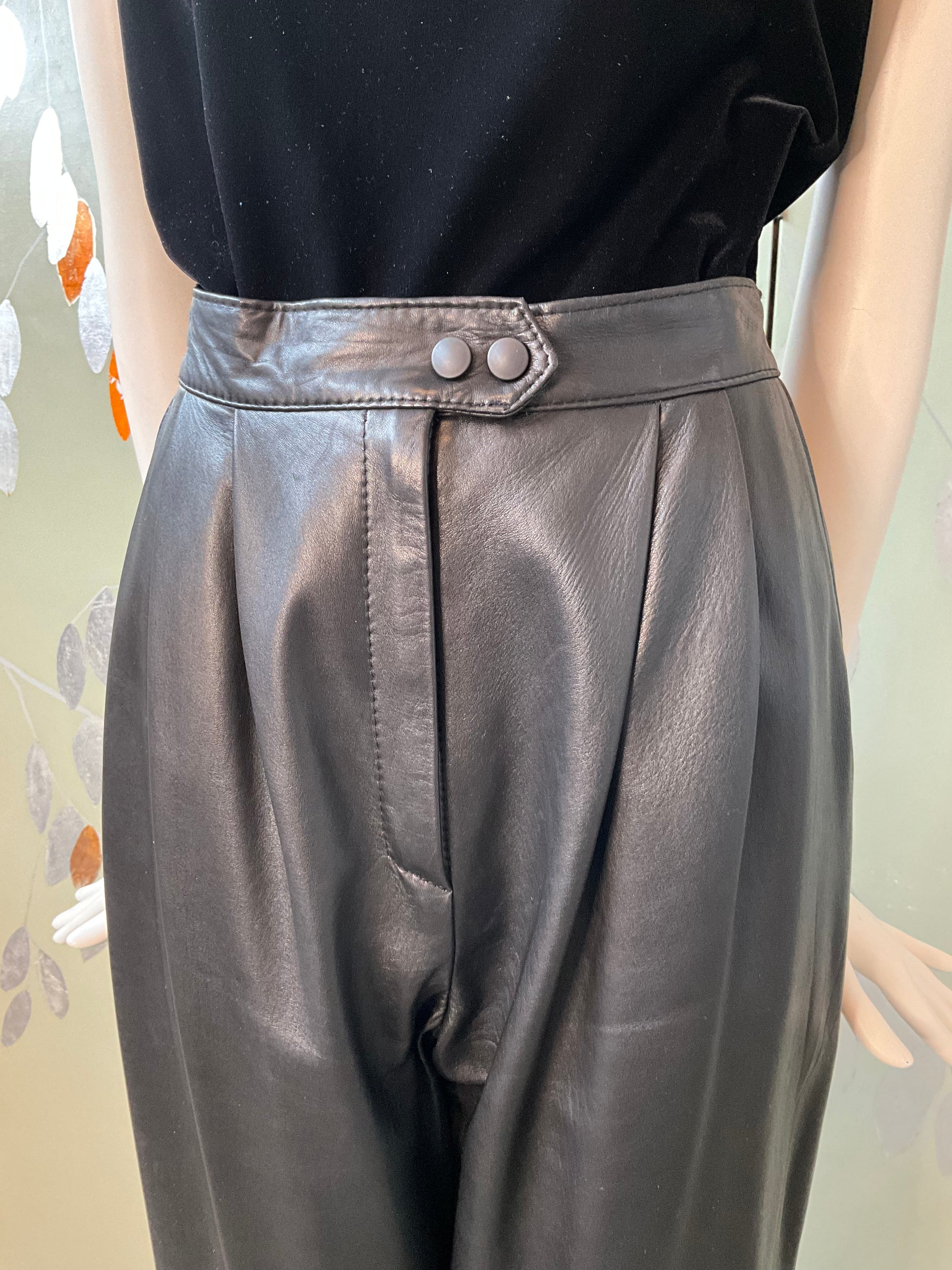 Vintage 1980s Black Leather Pleated Pants, Medium
