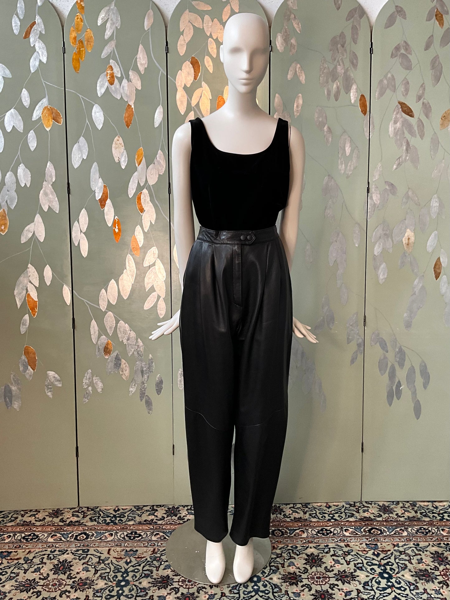 Vintage 1980s Black Leather Pleated Pants, Medium