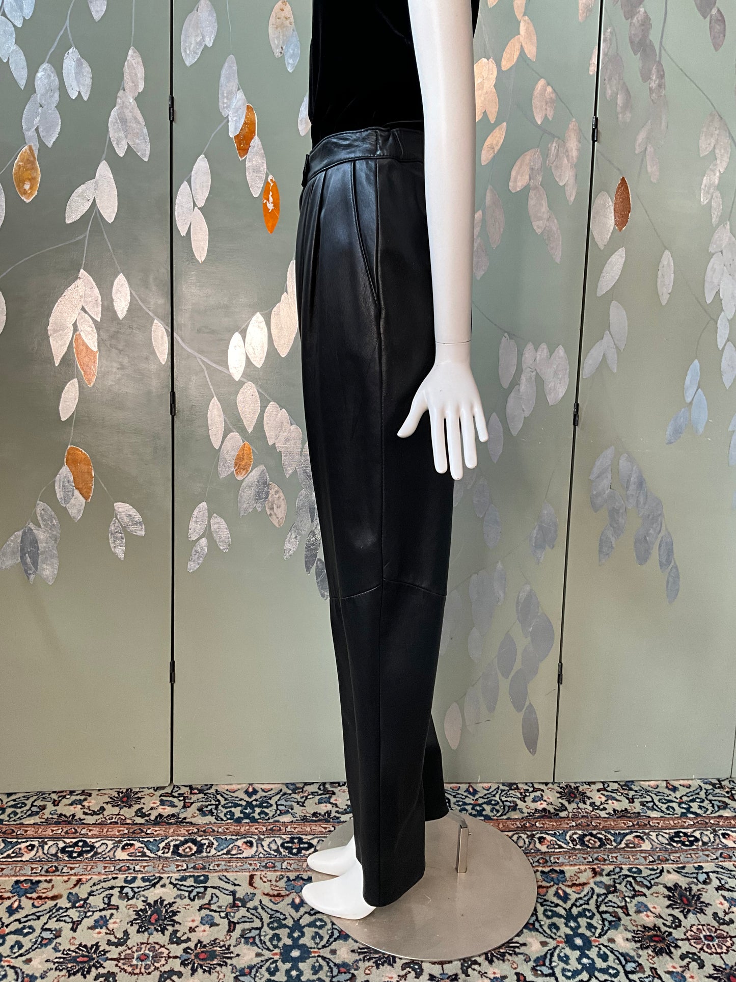 Vintage 1980s Black Leather Pleated Pants, Medium