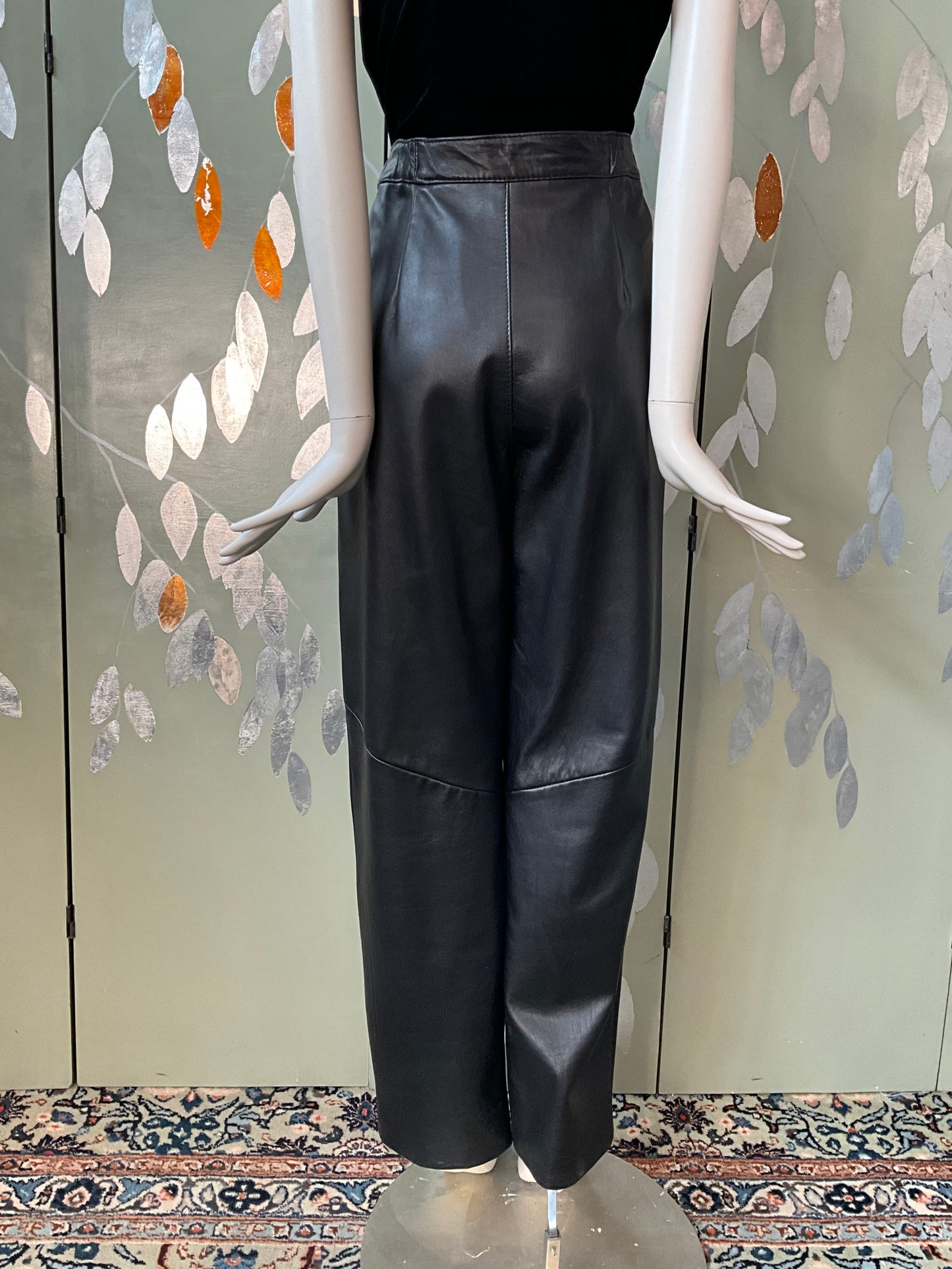 Vintage 1980s Black Leather Pleated Pants, Medium