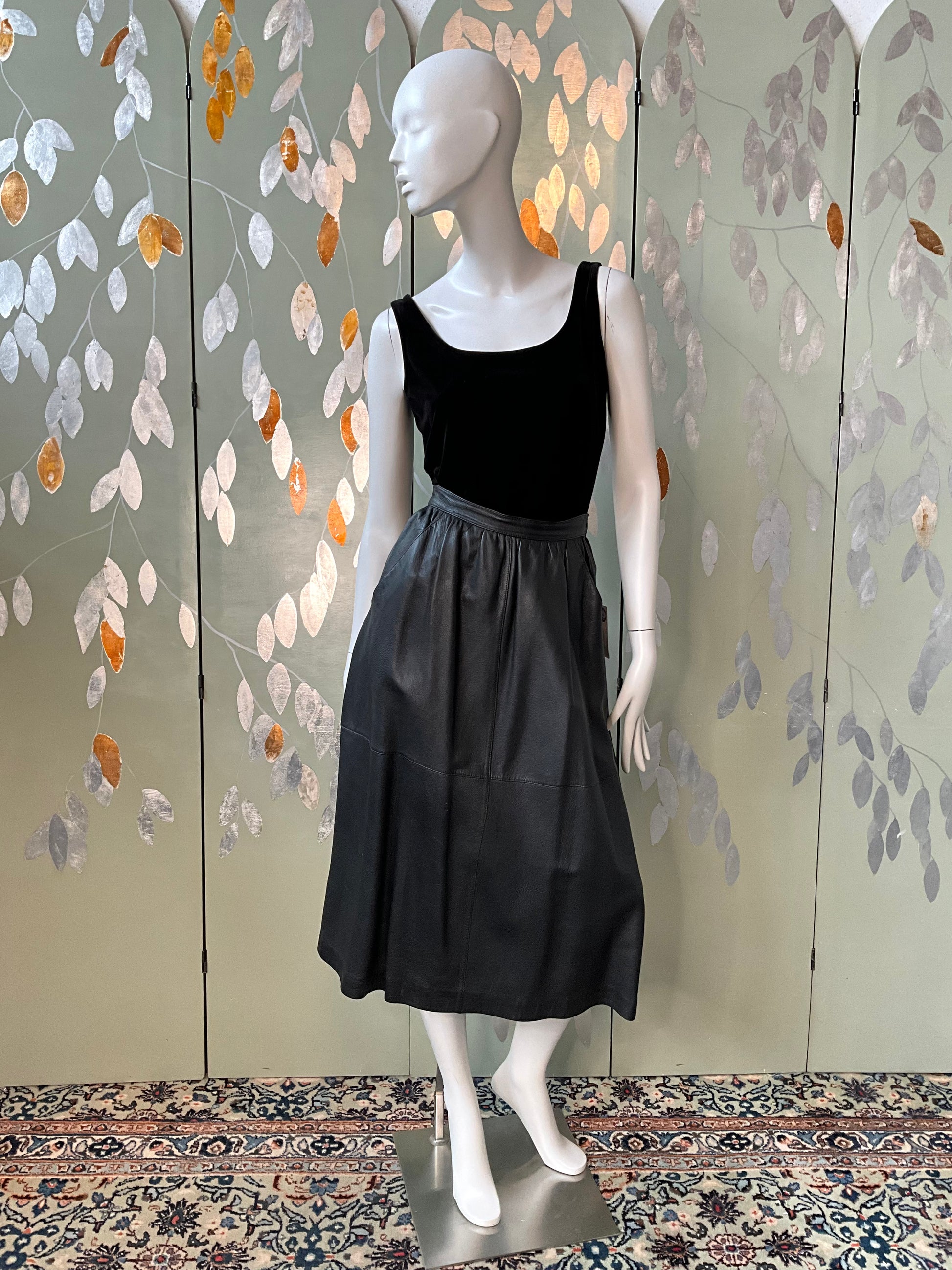 Vintage 1980s Black Leather Midi Skirt, Medium 