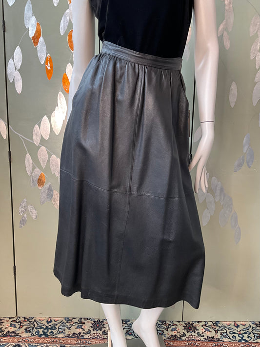 Vintage 1980s Black Leather Midi Skirt, Medium 
