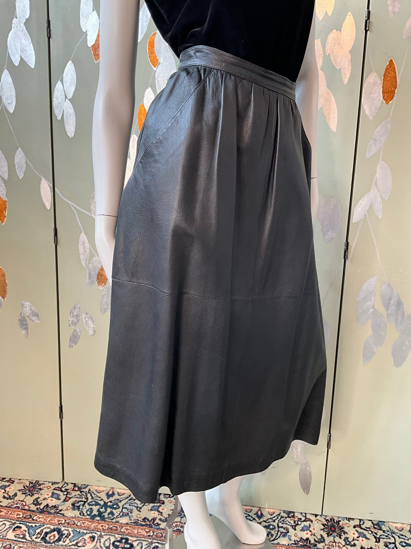 Vintage 1980s Black Leather Midi Skirt, Medium 