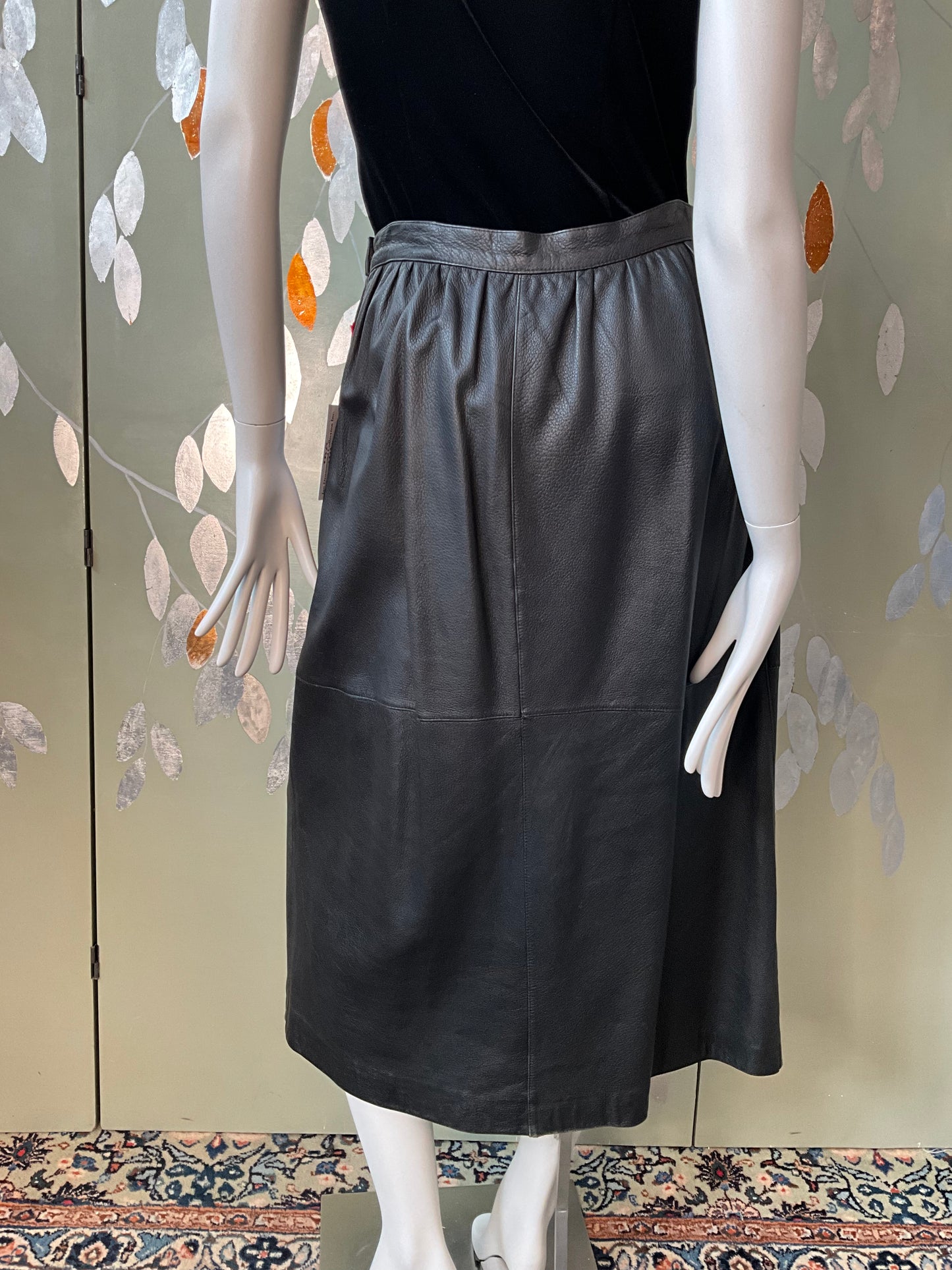 Vintage 1980s Black Leather Midi Skirt, Medium 