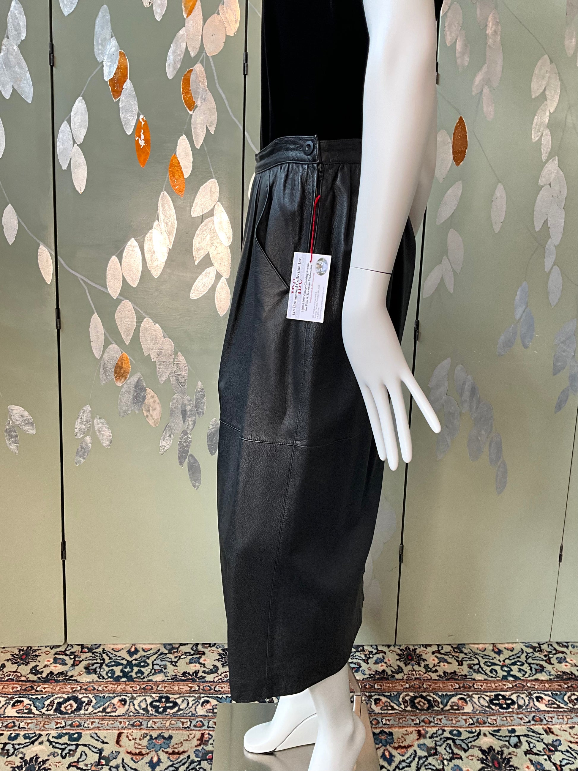 Vintage 1980s Black Leather Midi Skirt, Medium 