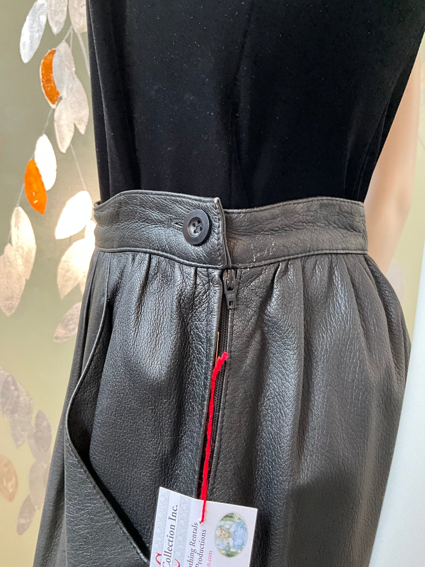 Vintage 1980s Black Leather Midi Skirt, Medium 