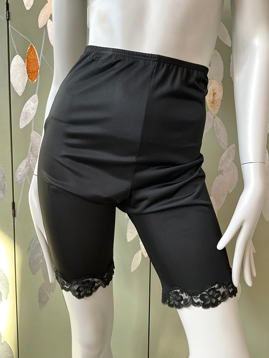 Vintage 1960s Black and Red Nylon Lace Trim Slip Shorts