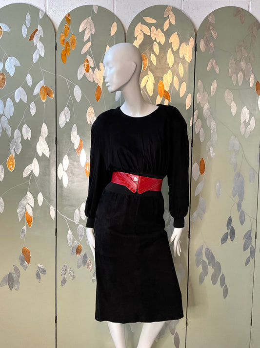 Vintage 1980s Black Suede Midi Dress, Small 