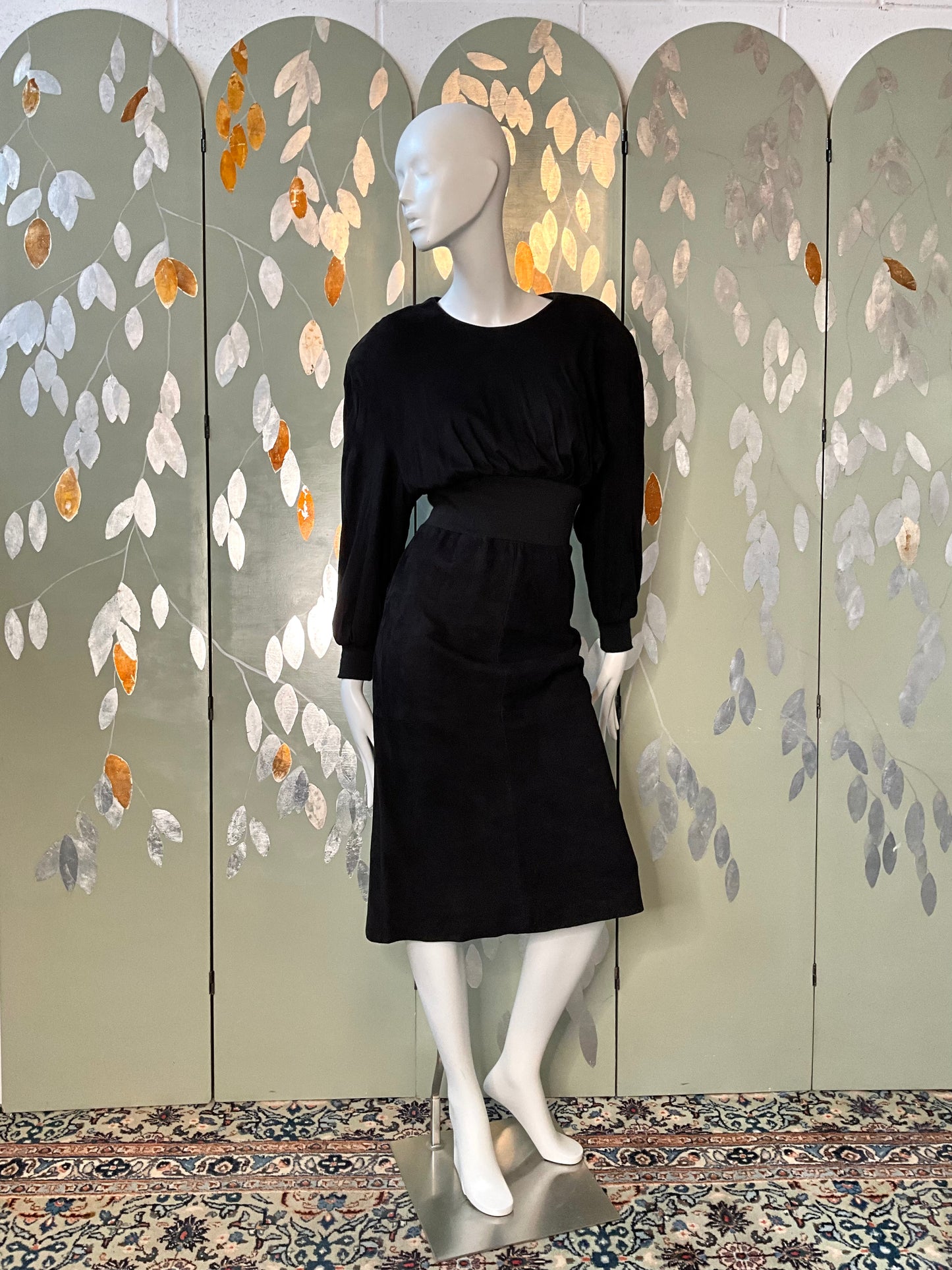 Vintage 1980s Black Suede Midi Dress, Small 