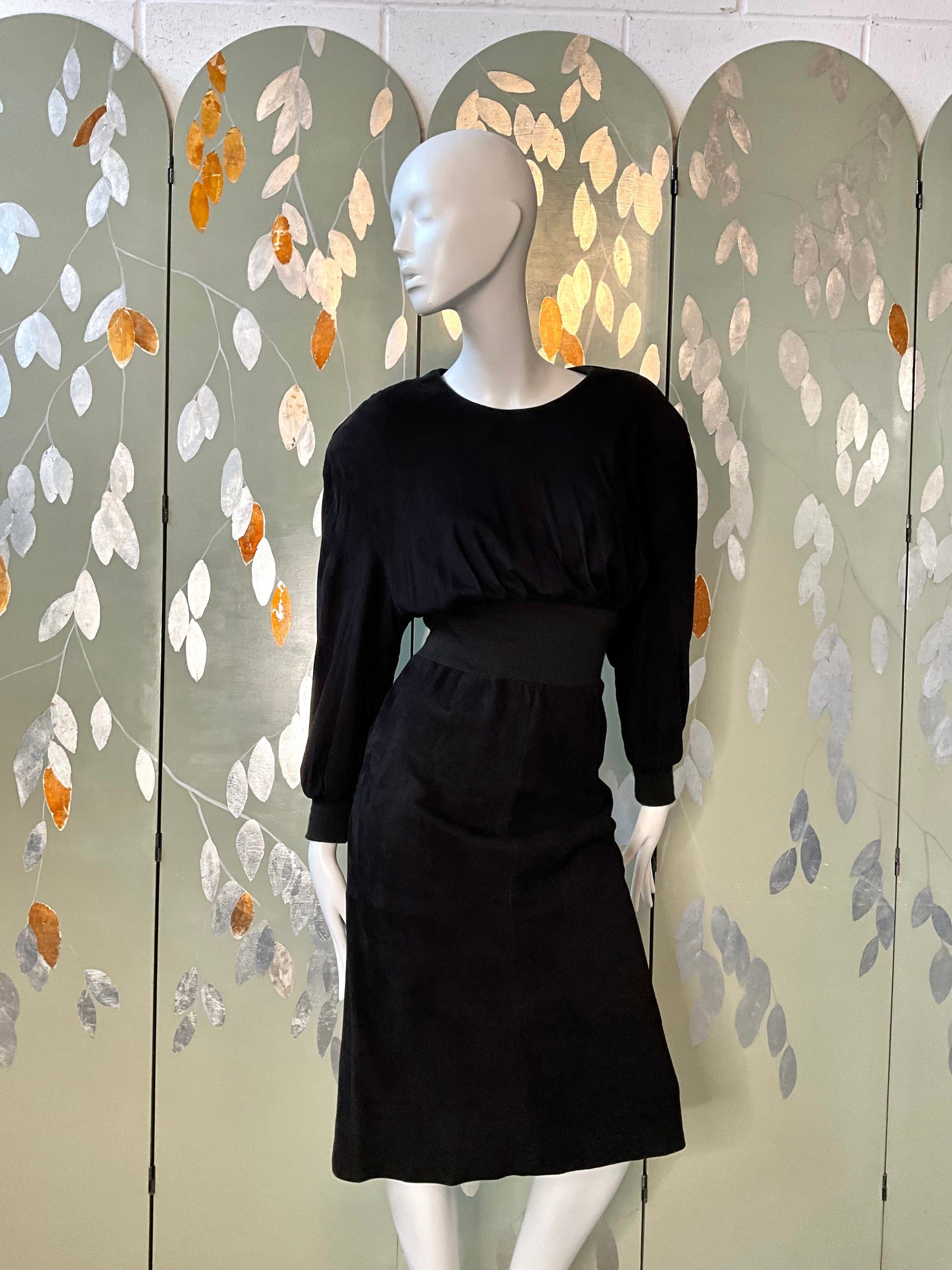 Vintage 1980s Black Suede Midi Dress, Small 
