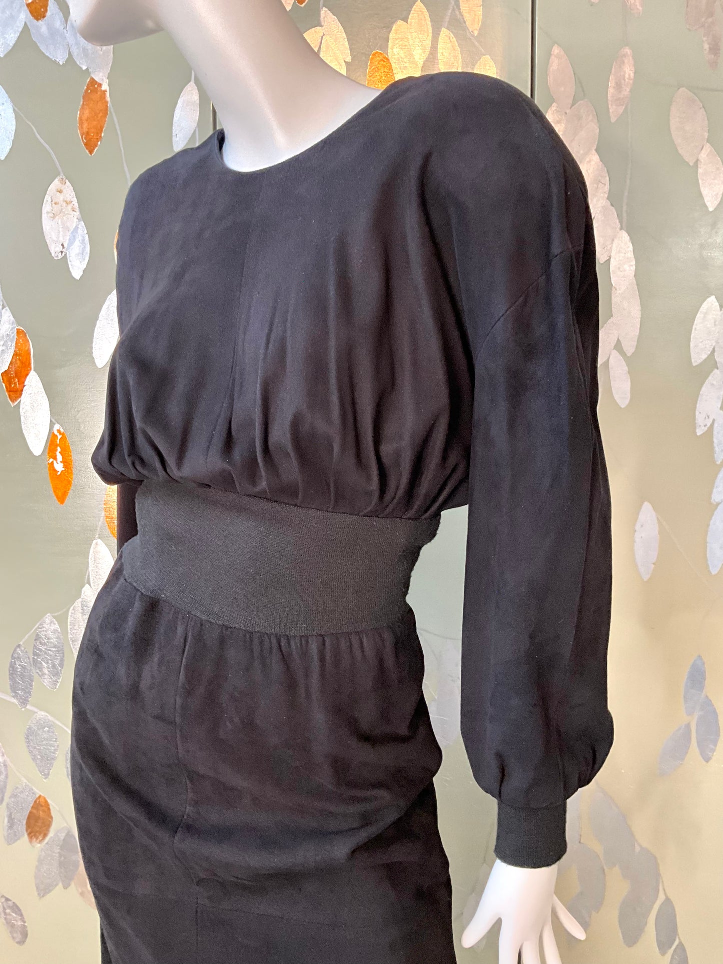 Vintage 1980s Black Suede Midi Dress, Small 