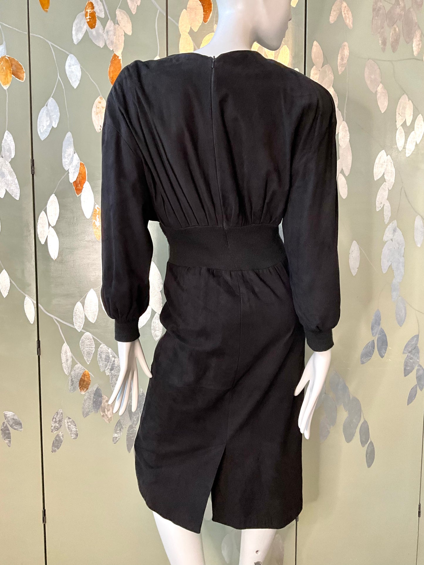 Vintage 1980s Black Suede Midi Dress, Small 