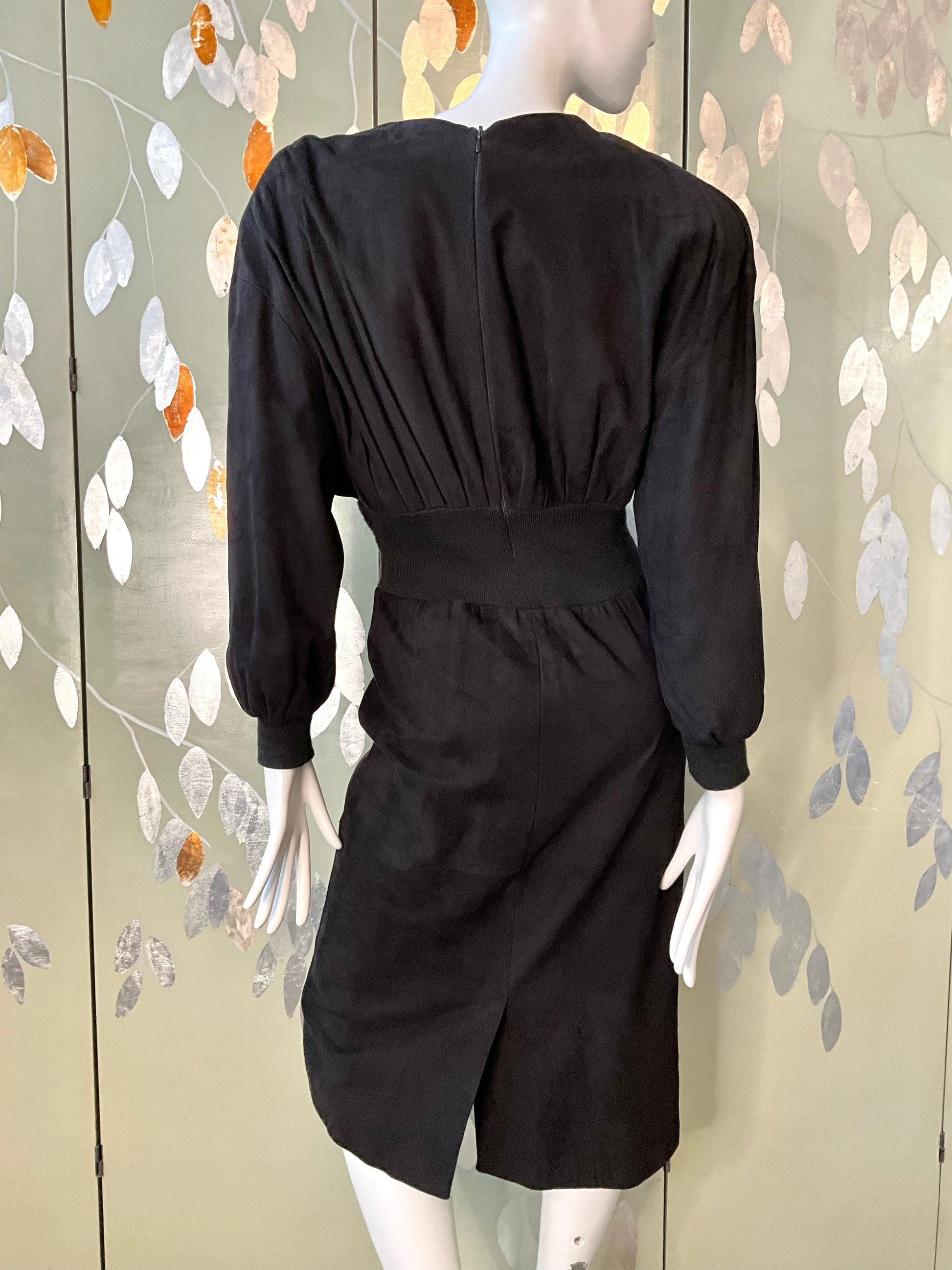 Vintage 1980s Black Suede Midi Dress, Small 