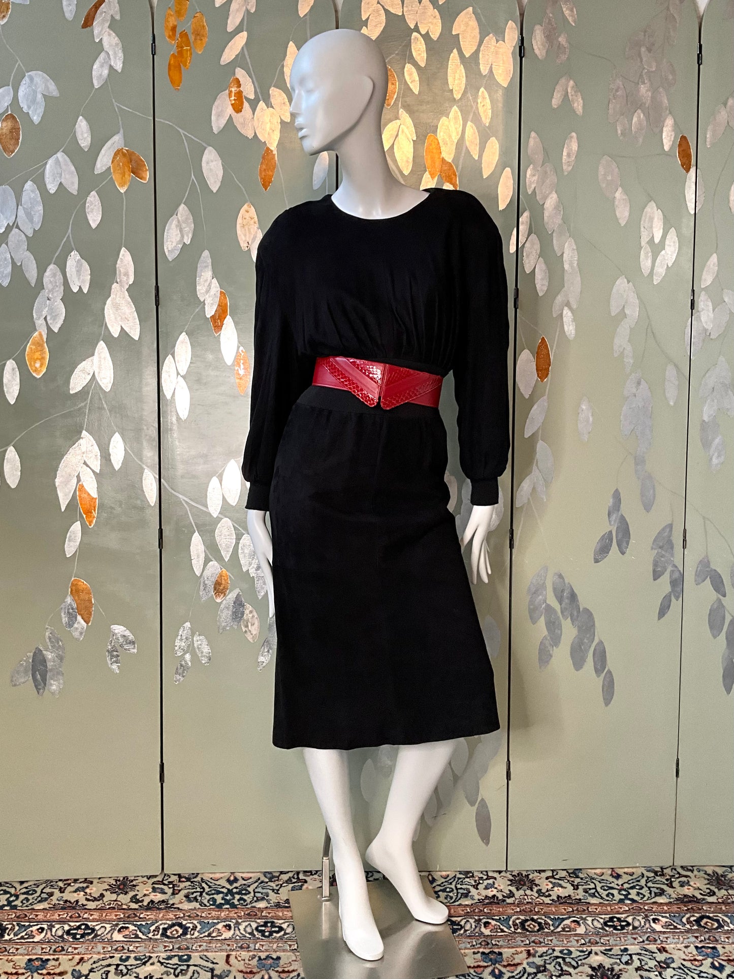 Vintage 1980s Black Suede Midi Dress, Small 