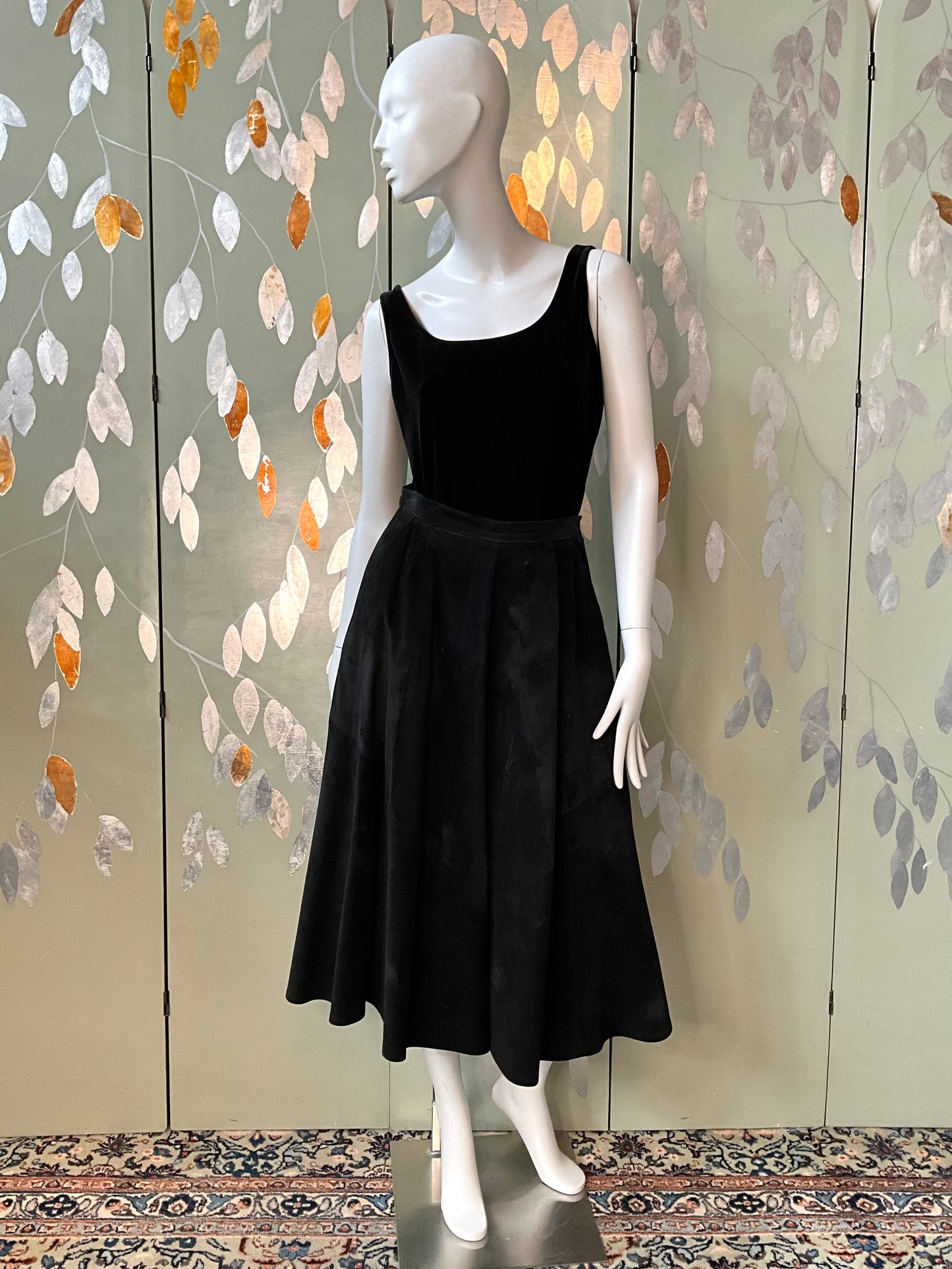 Vintage 1980s Black Suede Full Midi Skirt, Small 