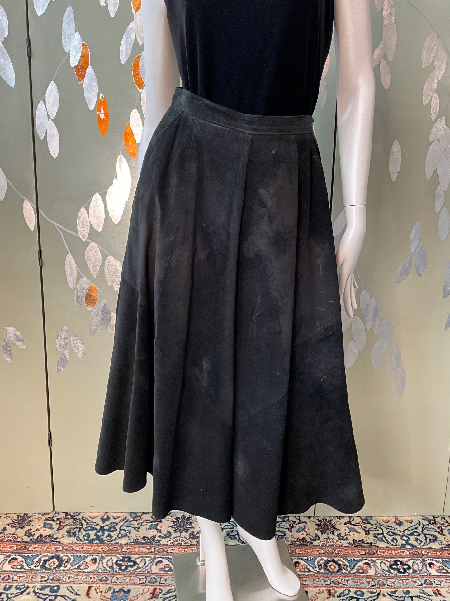 Vintage 1980s Black Suede Full Midi Skirt, Small 