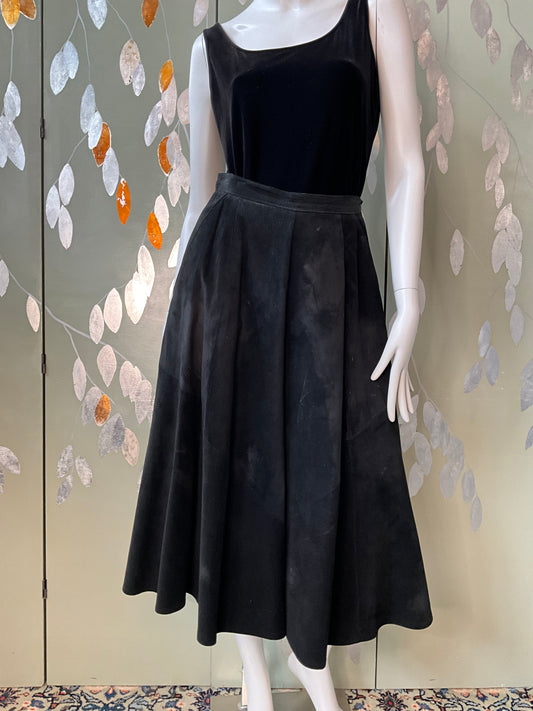 Vintage 1980s Black Suede Full Midi Skirt, Small 
