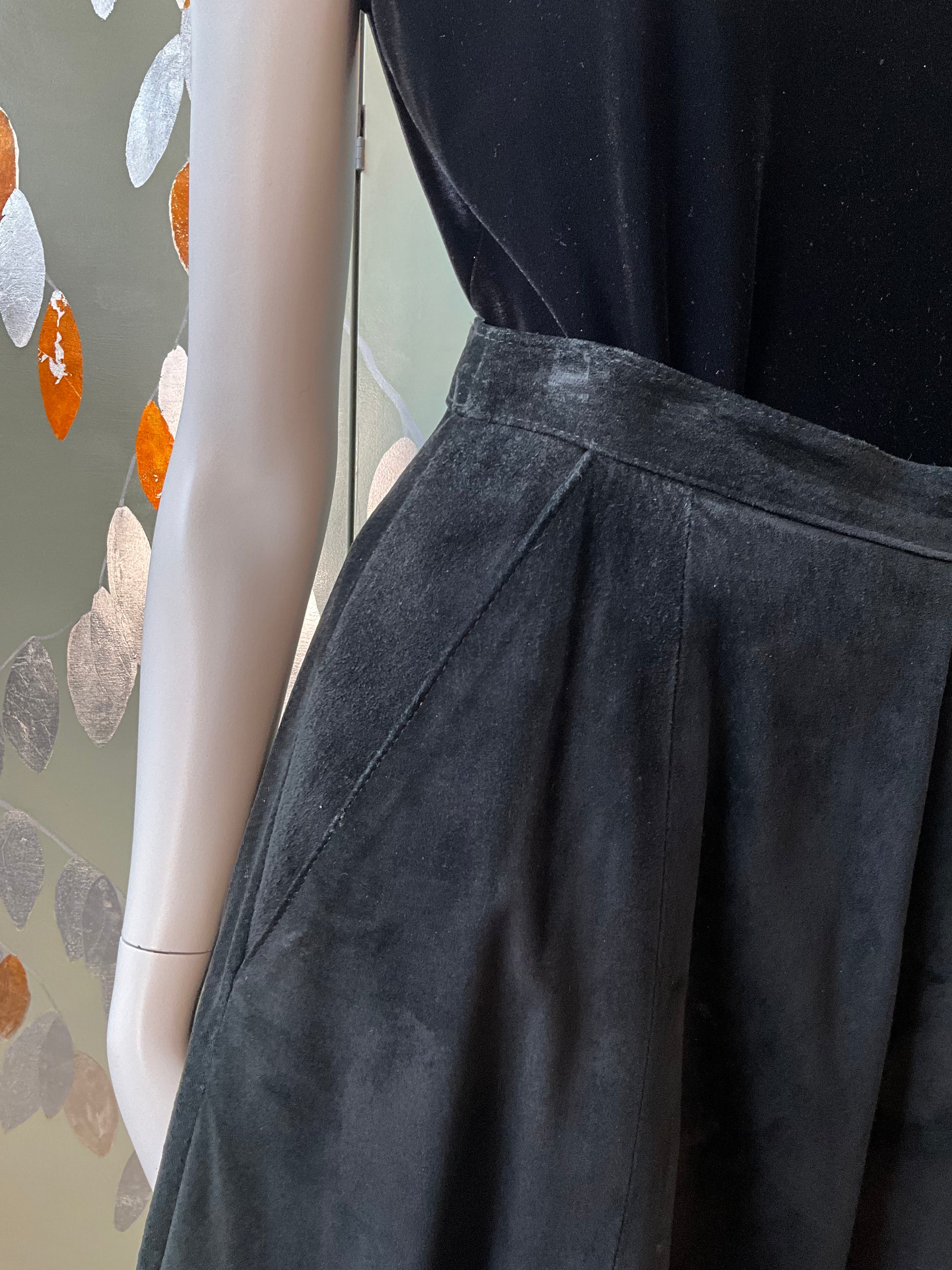 Vintage 1980s Black Suede Full Midi Skirt, Small 