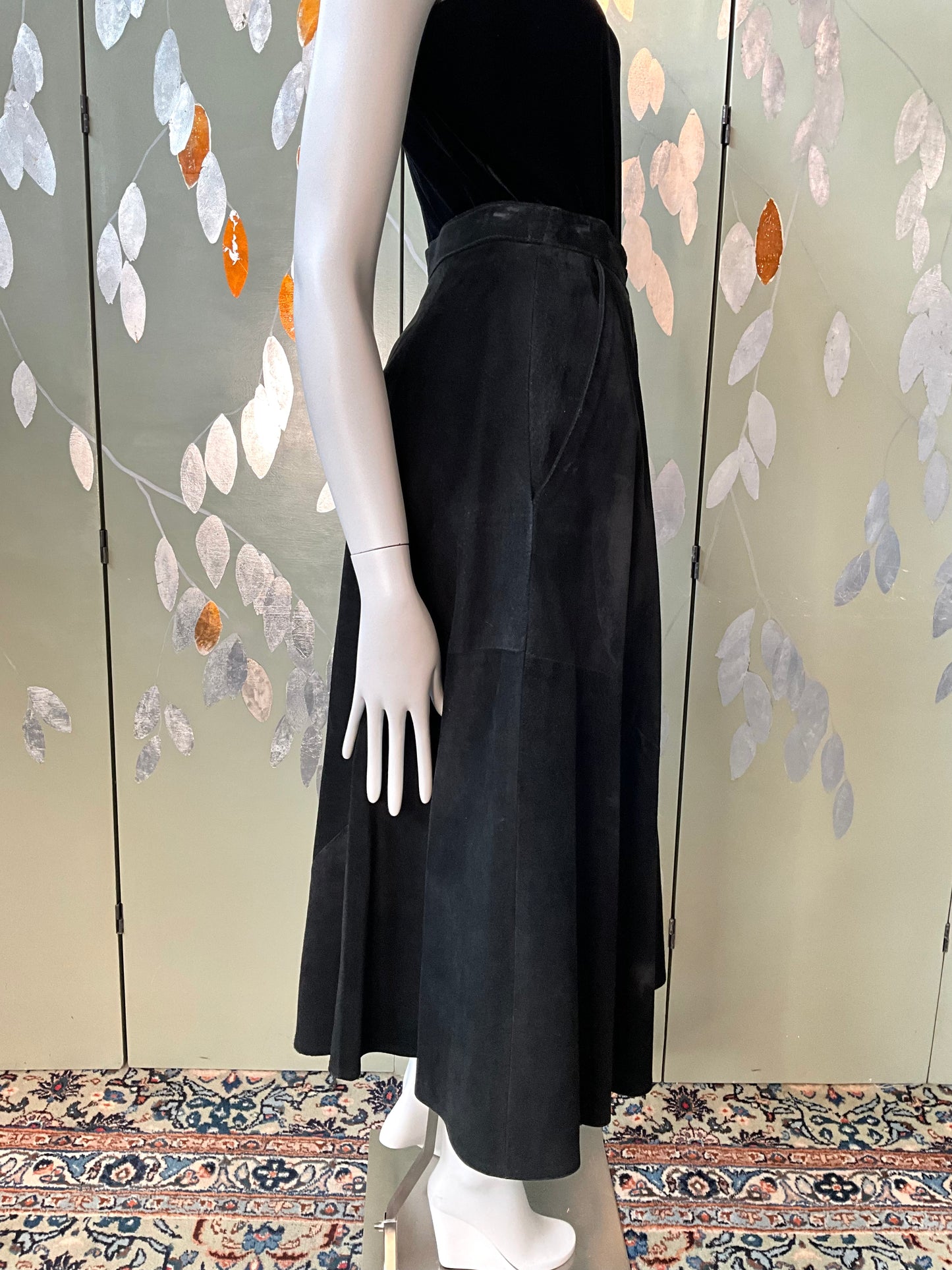 Vintage 1980s Black Suede Full Midi Skirt, Small 