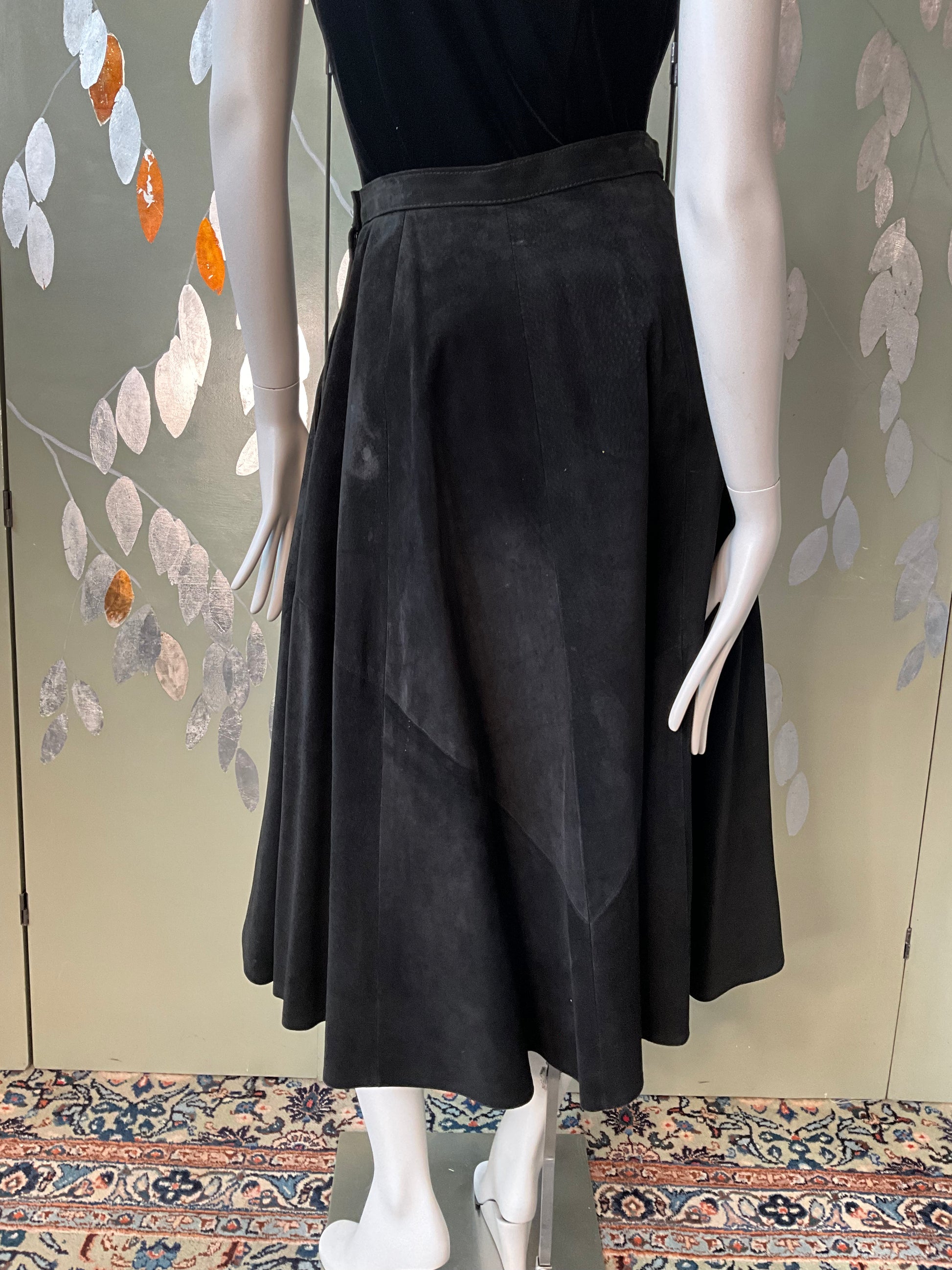 Vintage 1980s Black Suede Full Midi Skirt, Small 
