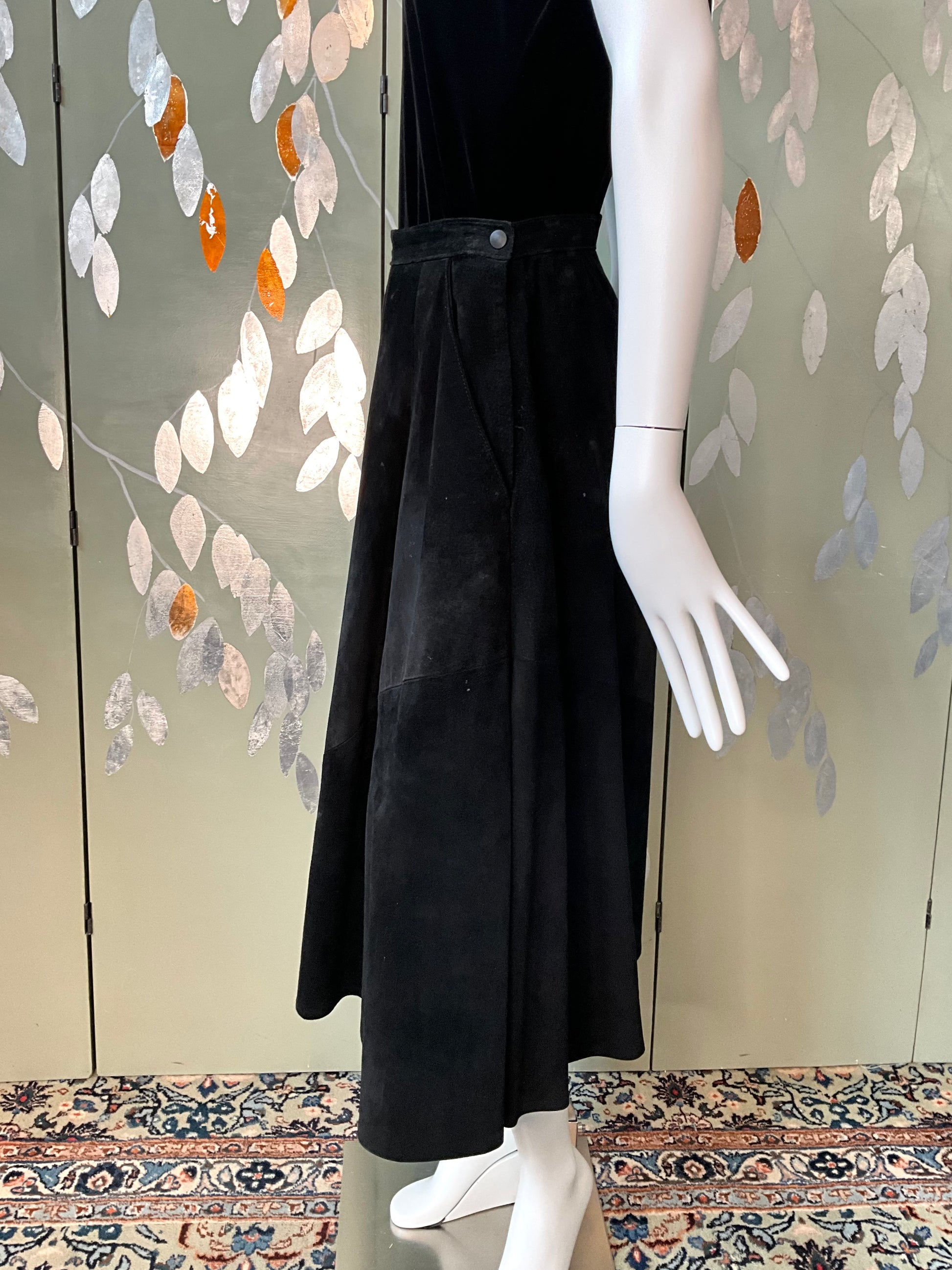 Vintage 1980s Black Suede Full Midi Skirt, Small 