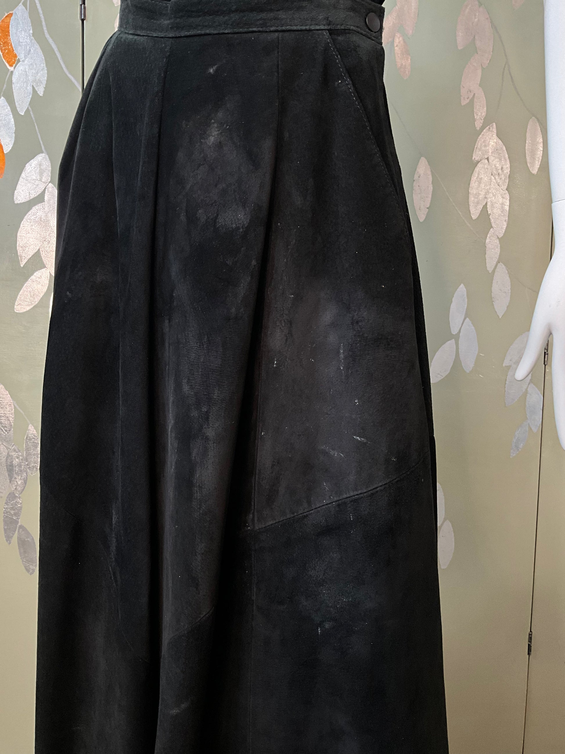 Vintage 1980s Black Suede Full Midi Skirt, Small 