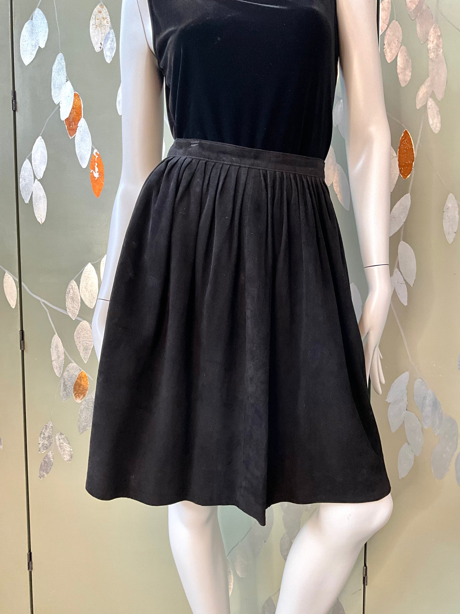 Vintage 1980s Black Suede Knee Length Pleated Skirt, Small 