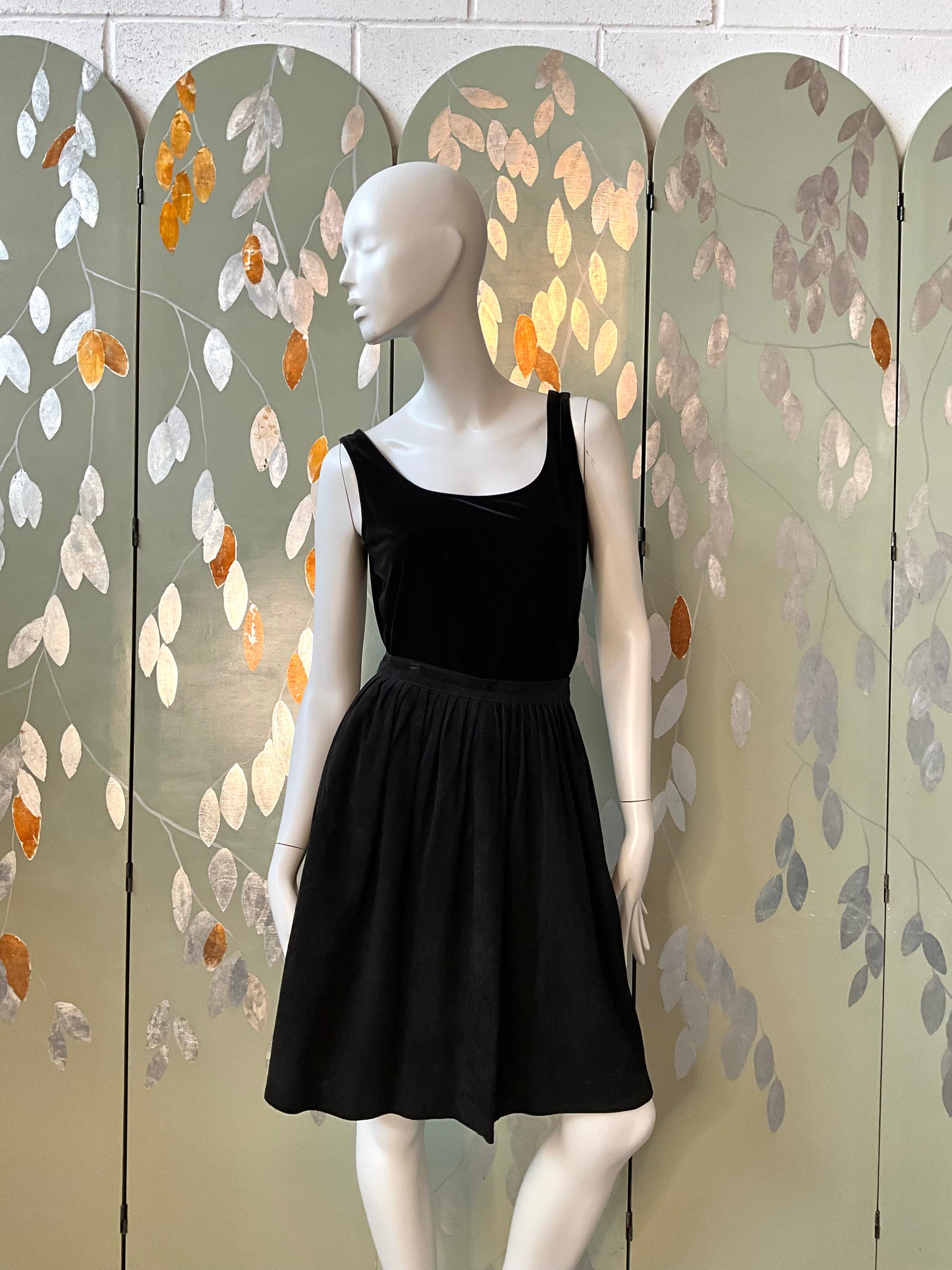 Vintage 1980s Black Suede Knee Length Pleated Skirt, Small 