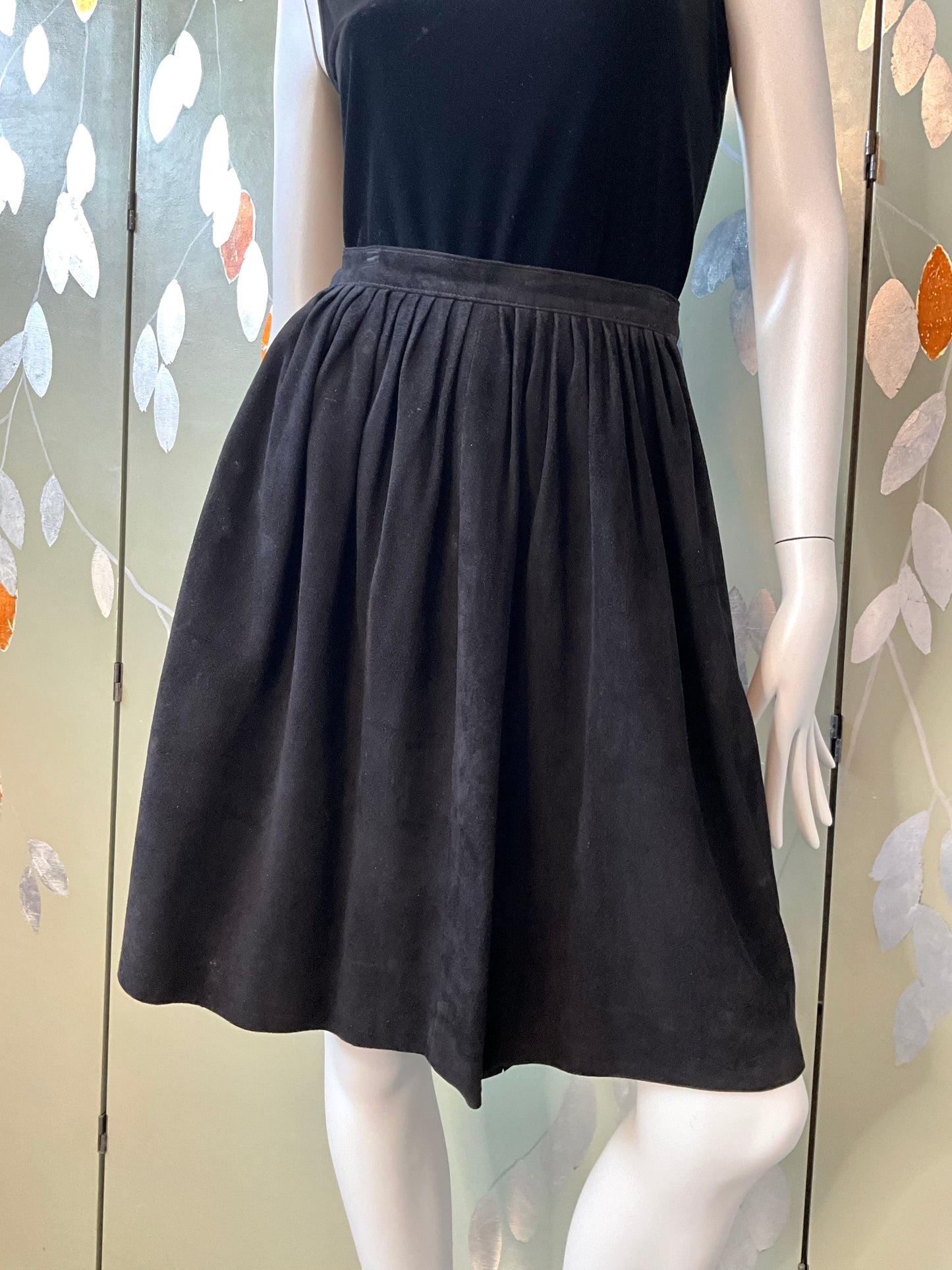 Vintage 1980s Black Suede Knee Length Pleated Skirt, Small 