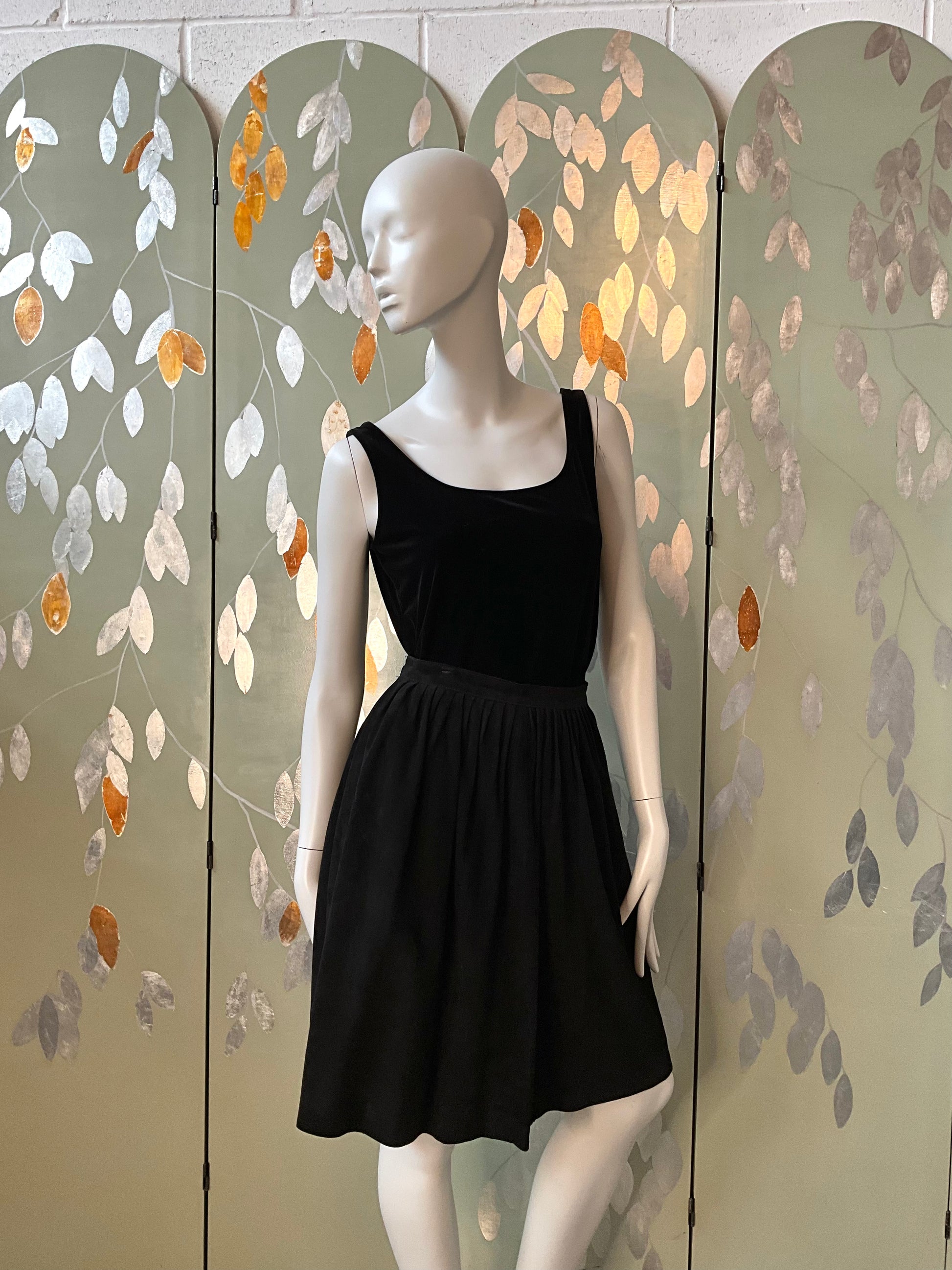 Vintage 1980s Black Suede Knee Length Pleated Skirt, Small 