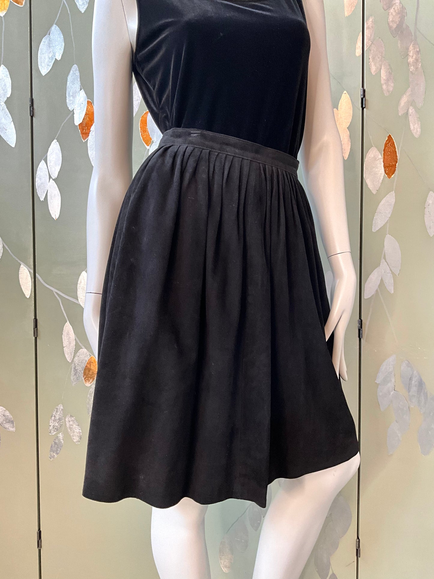 Vintage 1980s Black Suede Knee Length Pleated Skirt, Small 
