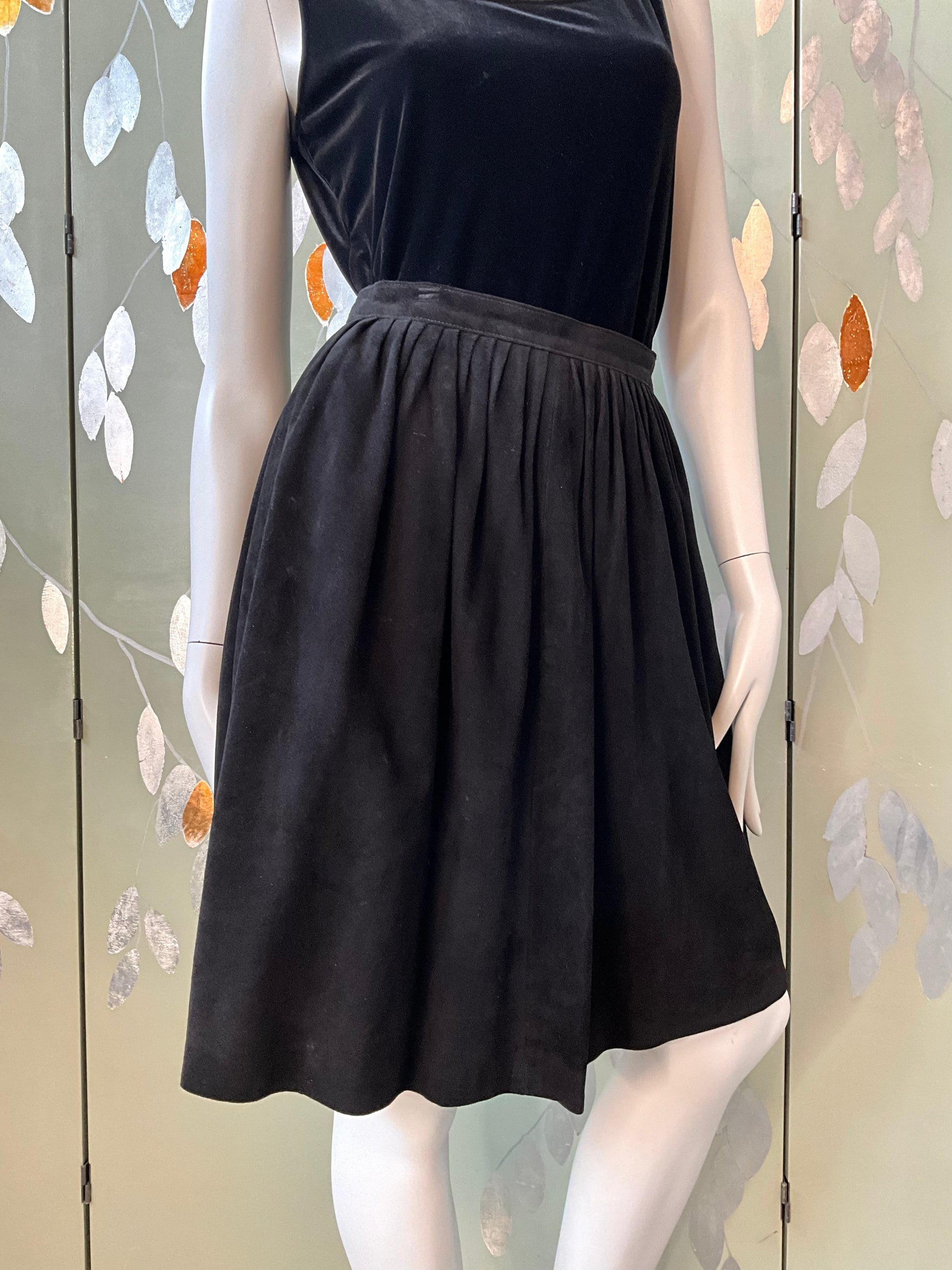 Vintage 1980s Black Suede Knee Length Pleated Skirt, Small 
