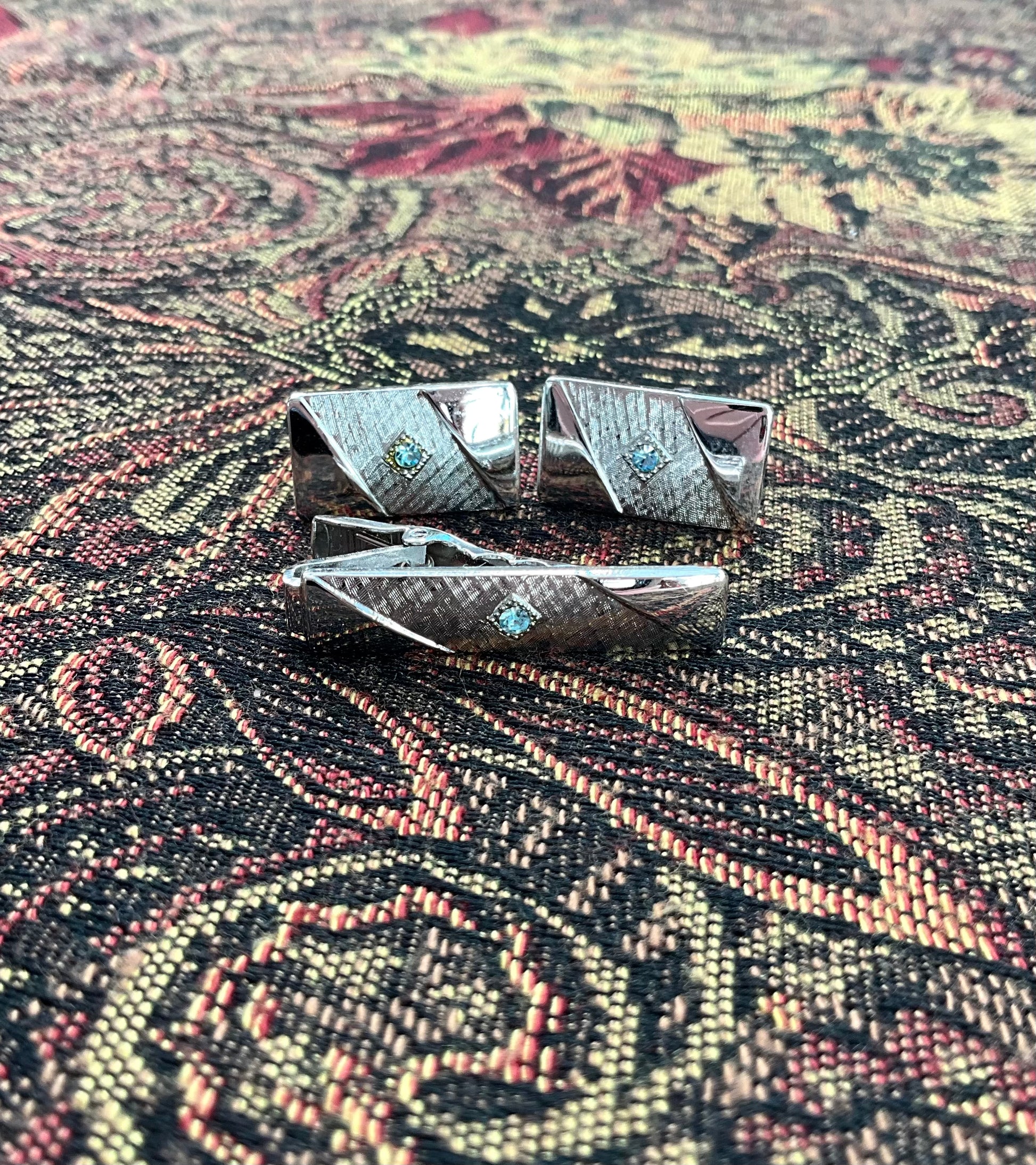 Vintage 1960s Sarah Coventry Silver Rhinestone Cufflink and Tie Clip Set 