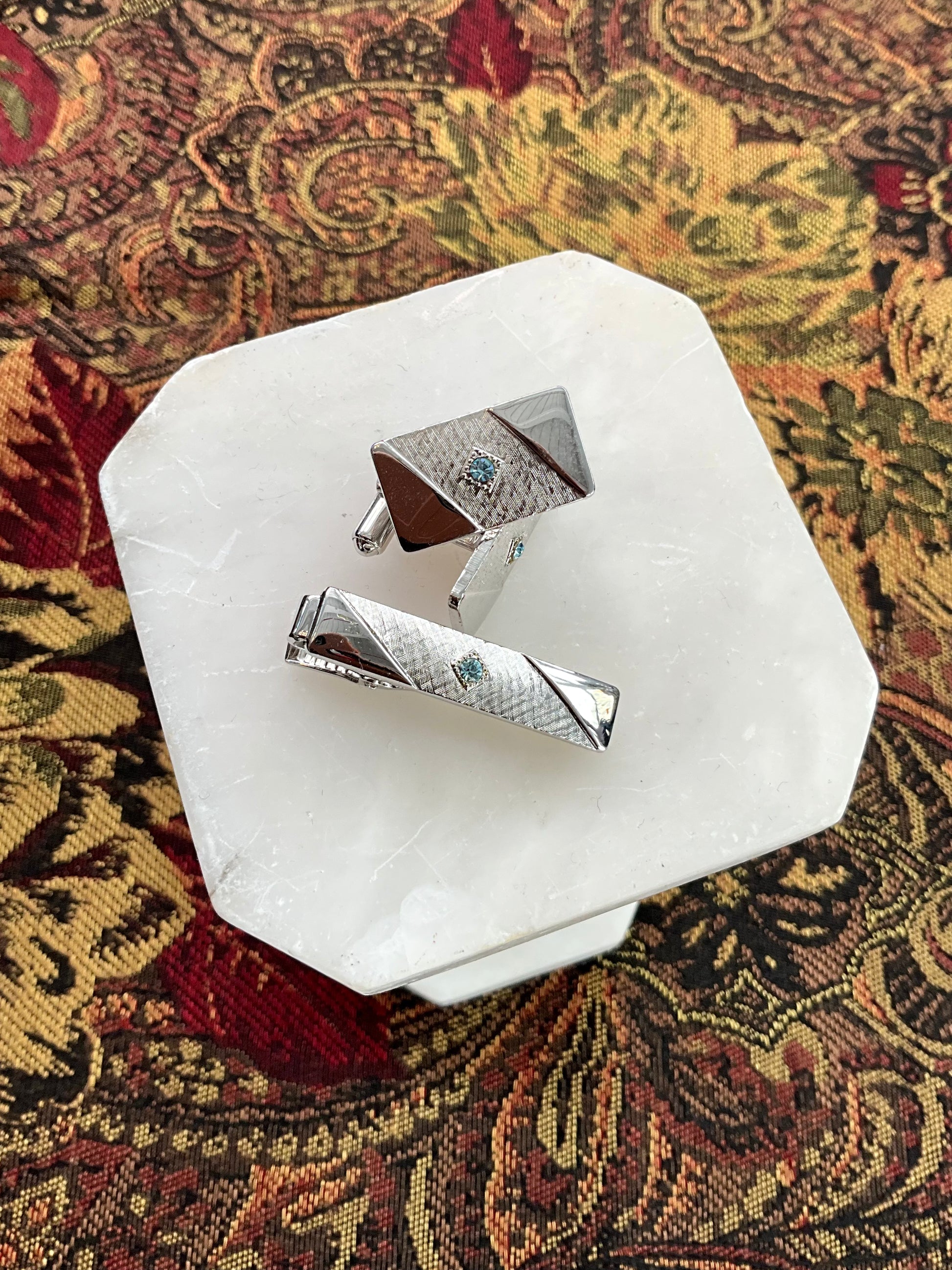 Vintage 1960s Sarah Coventry Silver Rhinestone Cufflink and Tie Clip Set 