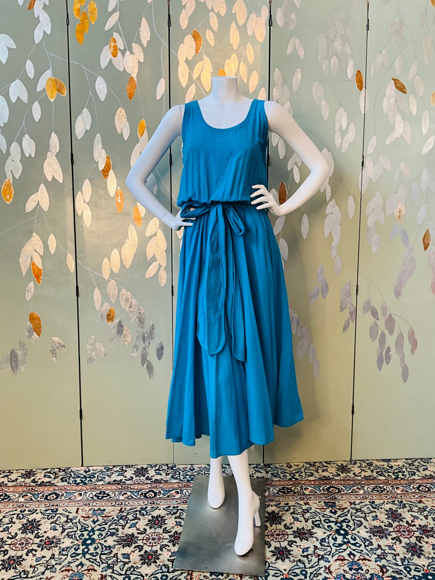 Vintage 1980s Blue Cotton Tank Top Maxi Dress, Made in USA, M/L