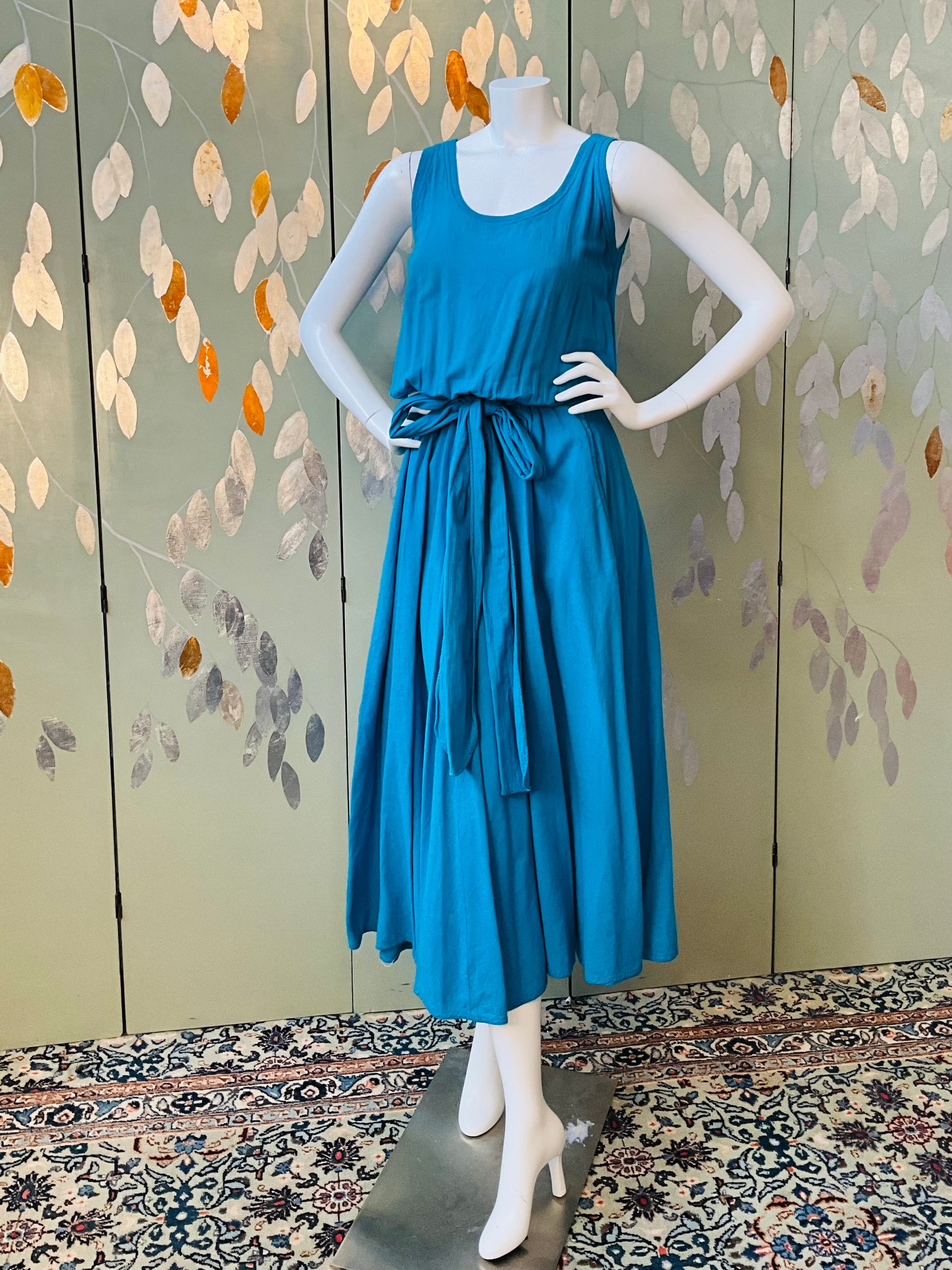 Vintage 1980s Blue Cotton Tank Top Maxi Dress, Made in USA, M/L
