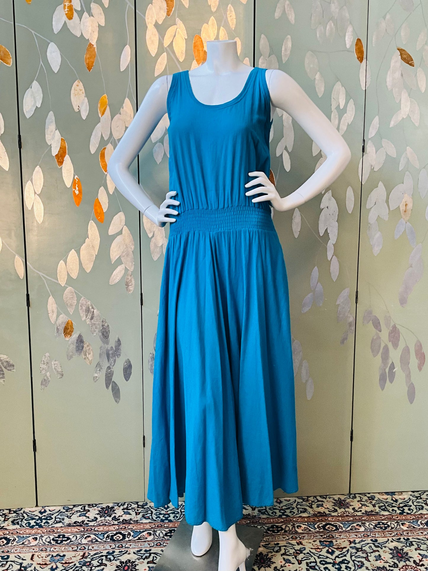 Vintage 1980s Blue Cotton Tank Top Maxi Dress, Made in USA, M/L