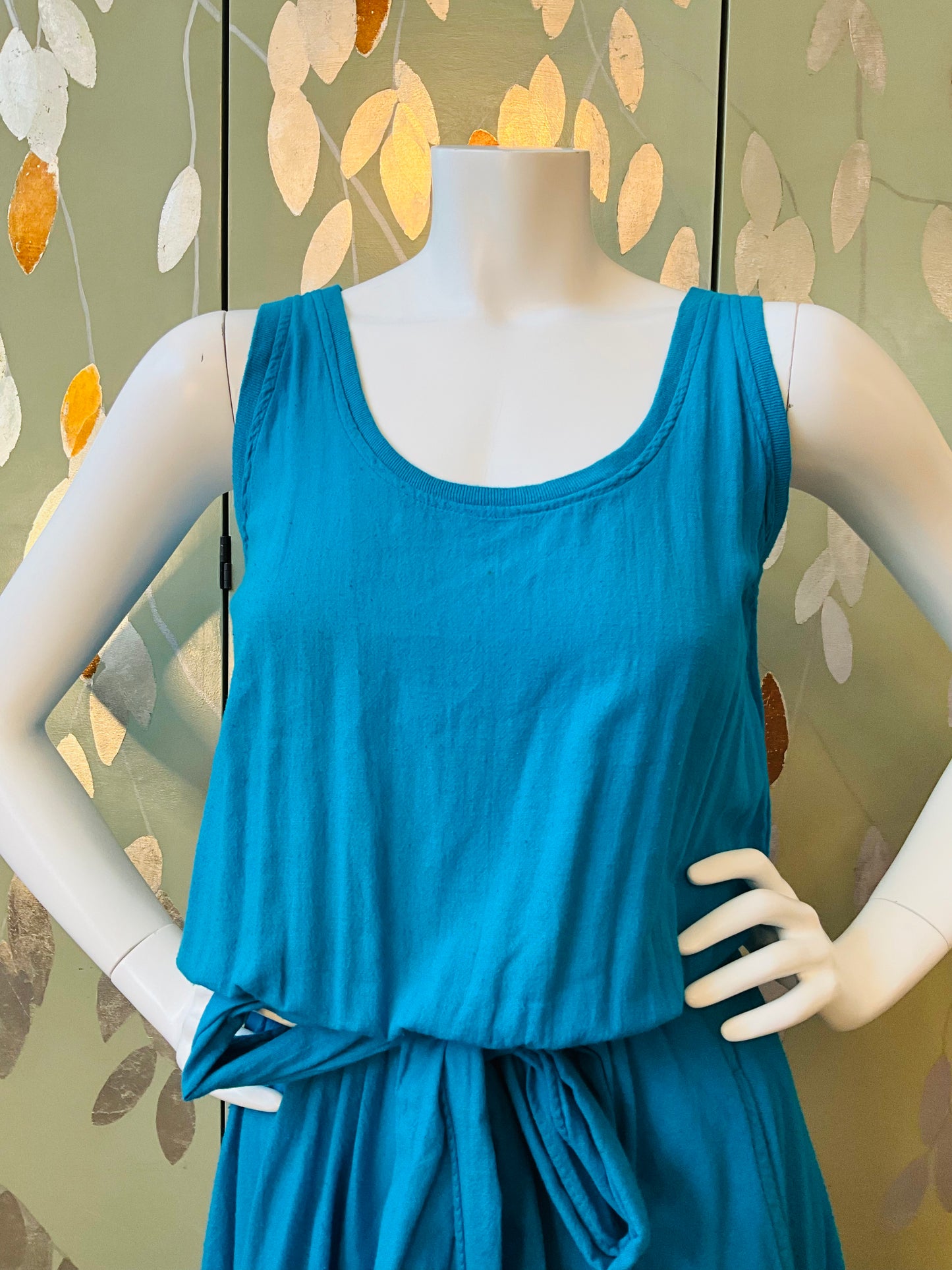 Vintage 1980s Blue Cotton Tank Top Maxi Dress, Made in USA, M/L