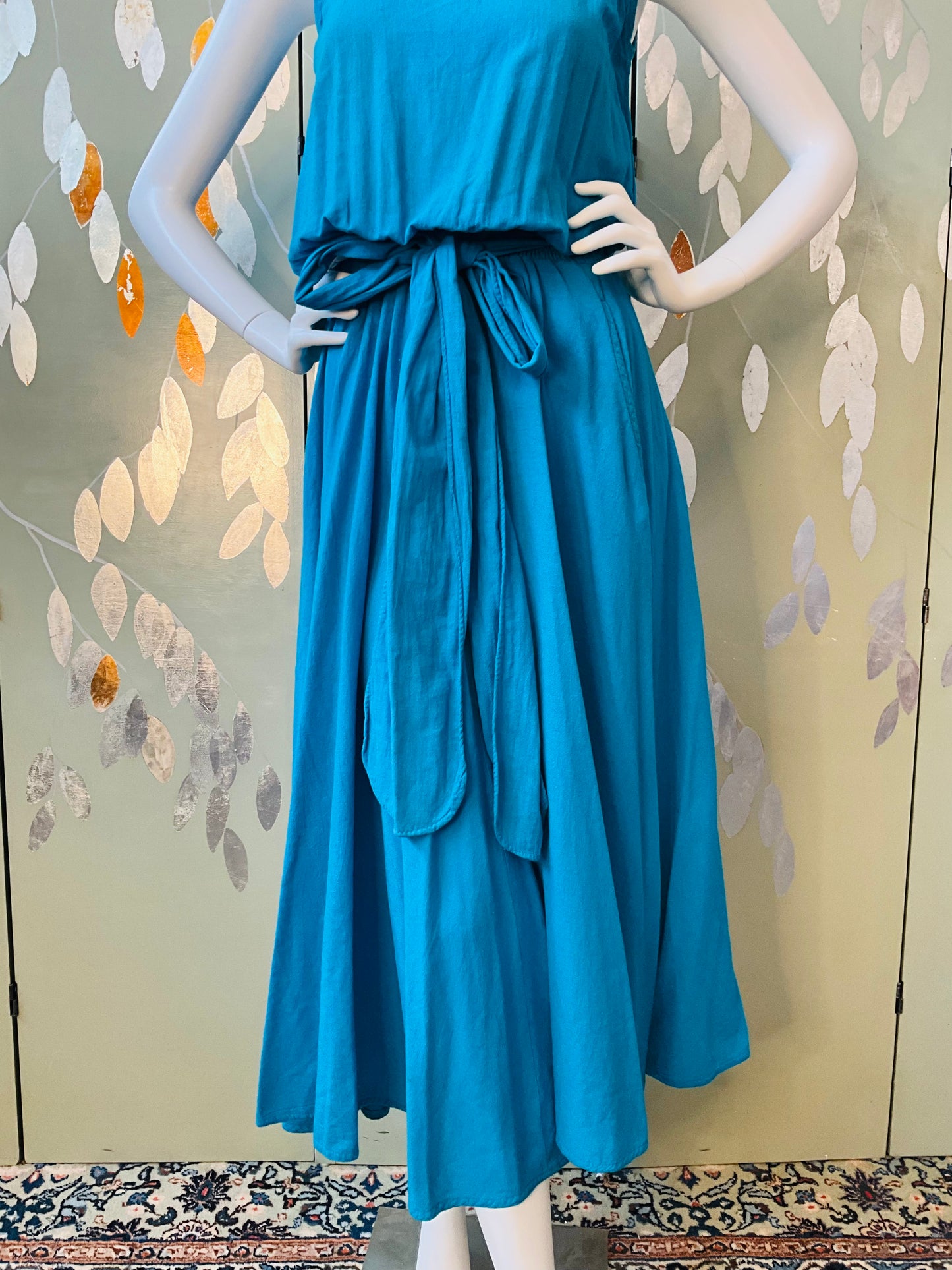 Vintage 1980s Blue Cotton Tank Top Maxi Dress, Made in USA, M/L